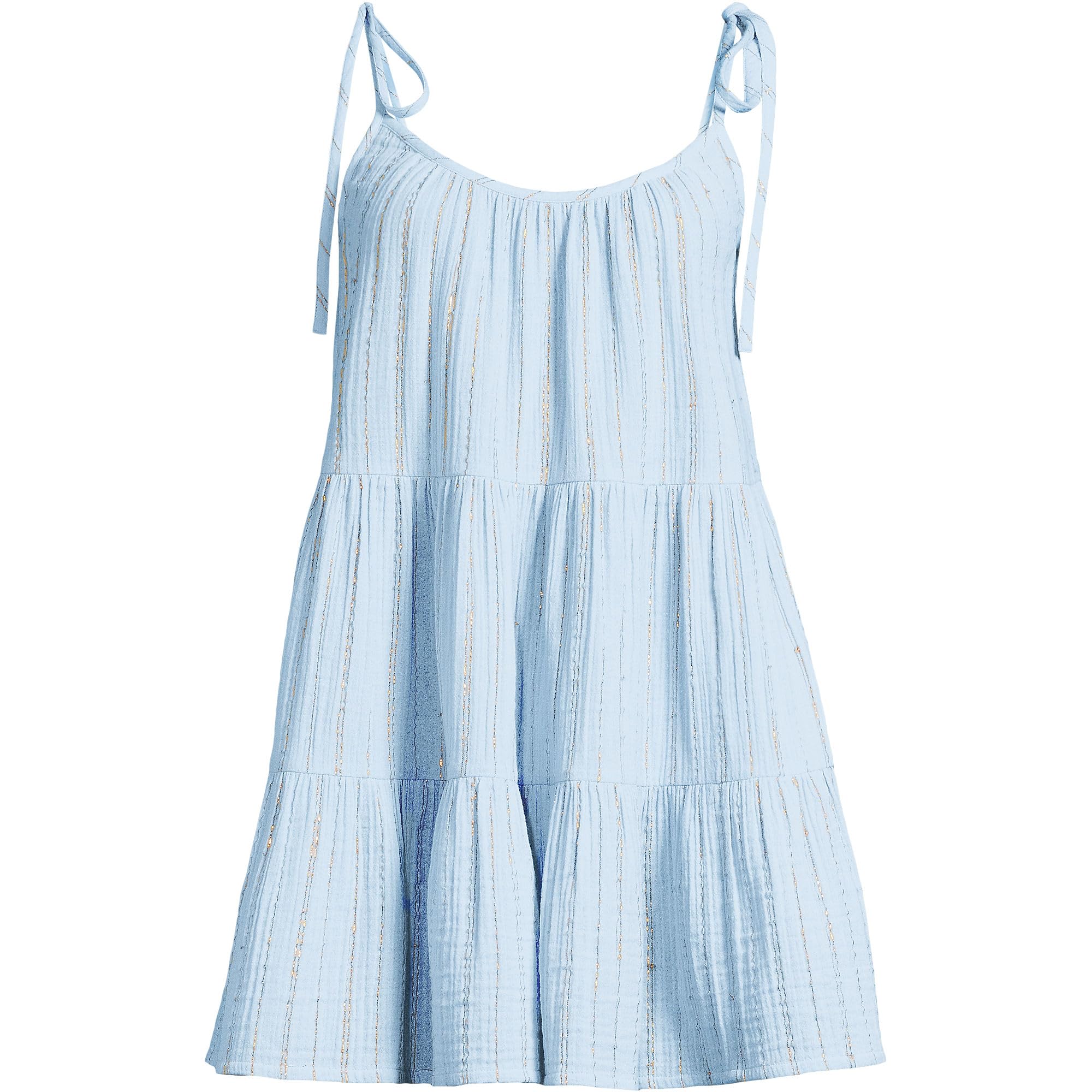 Lands' End Women's Long Oversized Cotton Gauze Metallic Tiered Mini Cover-up Dress X-Small Soft Sky Blue/Gold Metallic