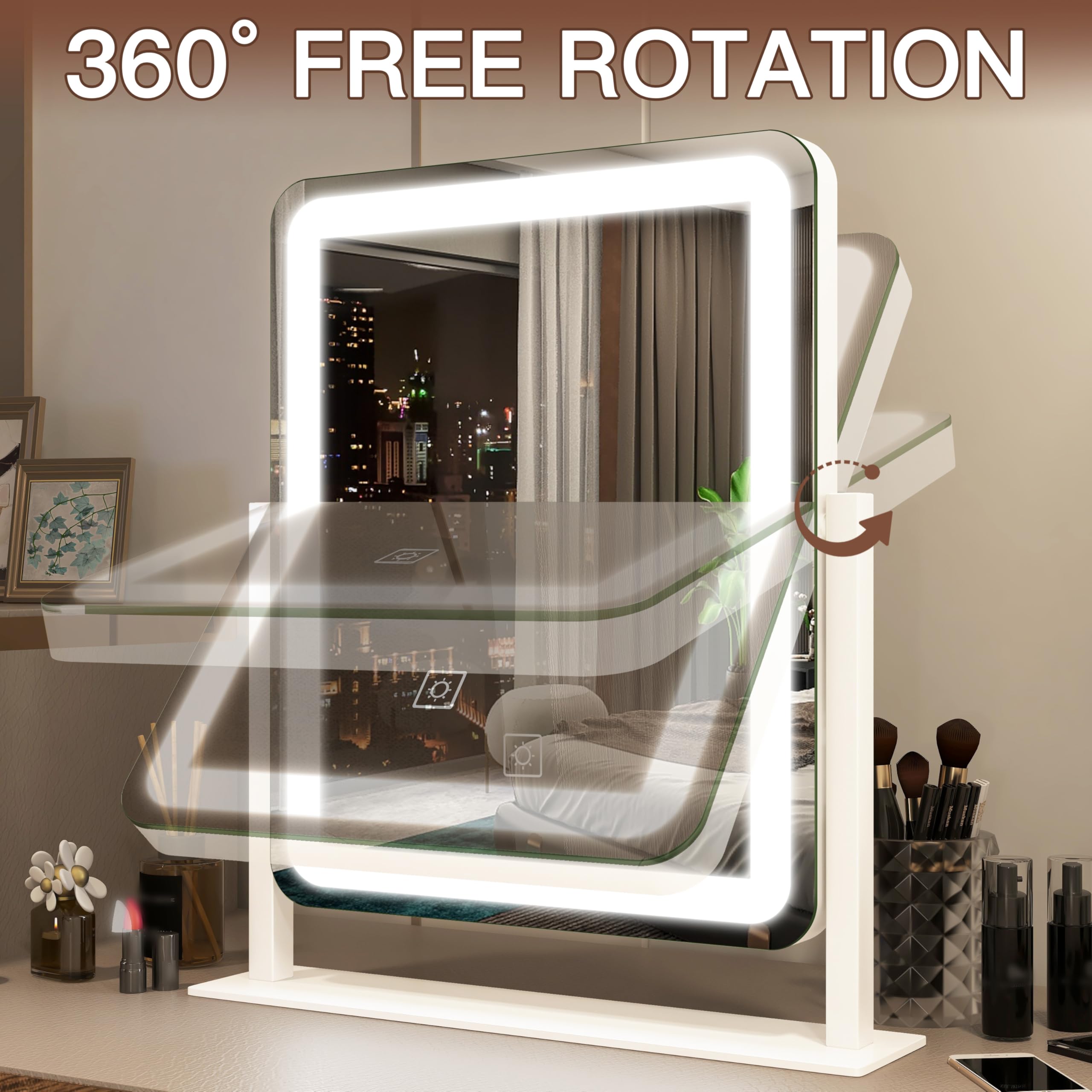 FENNIO Vanity Mirror with Lights - 15"x12.6" LED Lighted Makeup Mirror, Large Makeup Mirror with Lights, Touch Screen with 3-Color Lighting, Dimmable, for Vanity Desk Tabletop, Bedroom
