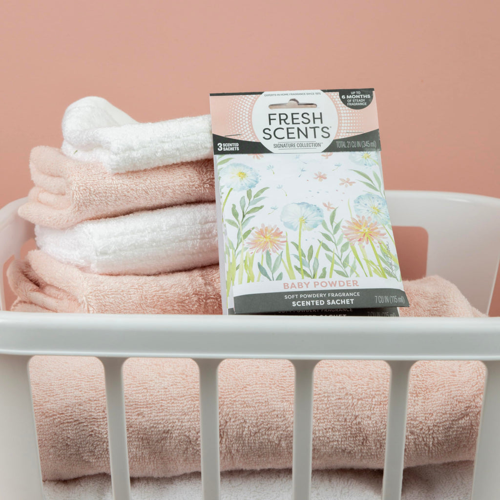 Fresh Scents Scented Sachets | Baby Powder | Home Fragrance | Long Lasting (Up to 6 Months) | Air Freshener for Closets, Drawers, & Cars | 6 Pack