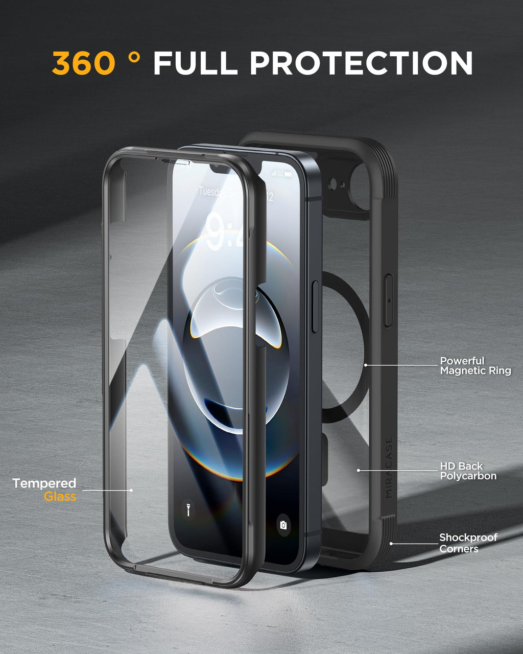 Miracase Magnetic for iPhone 16e Case Full-Body Phone with Built-in Glass Screen Protector, [Compatible with MagSafe] Military Drop Proof 16 E Cover Bumper 6.1 inch, Black