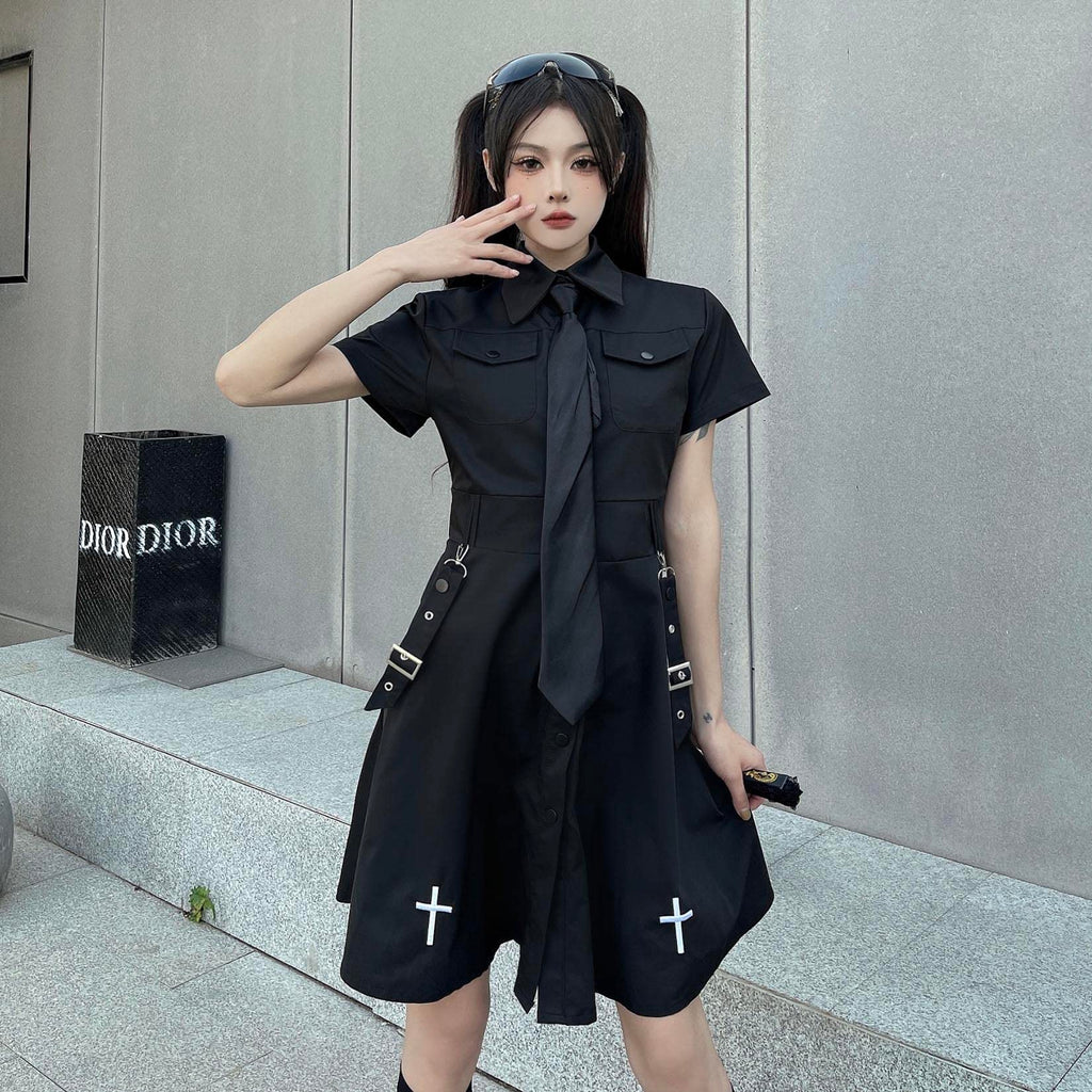 Gothic Black Summer Academy Tie Cross Black Retro Dress Harajuku Dress Emo Clothes (L,Large)
