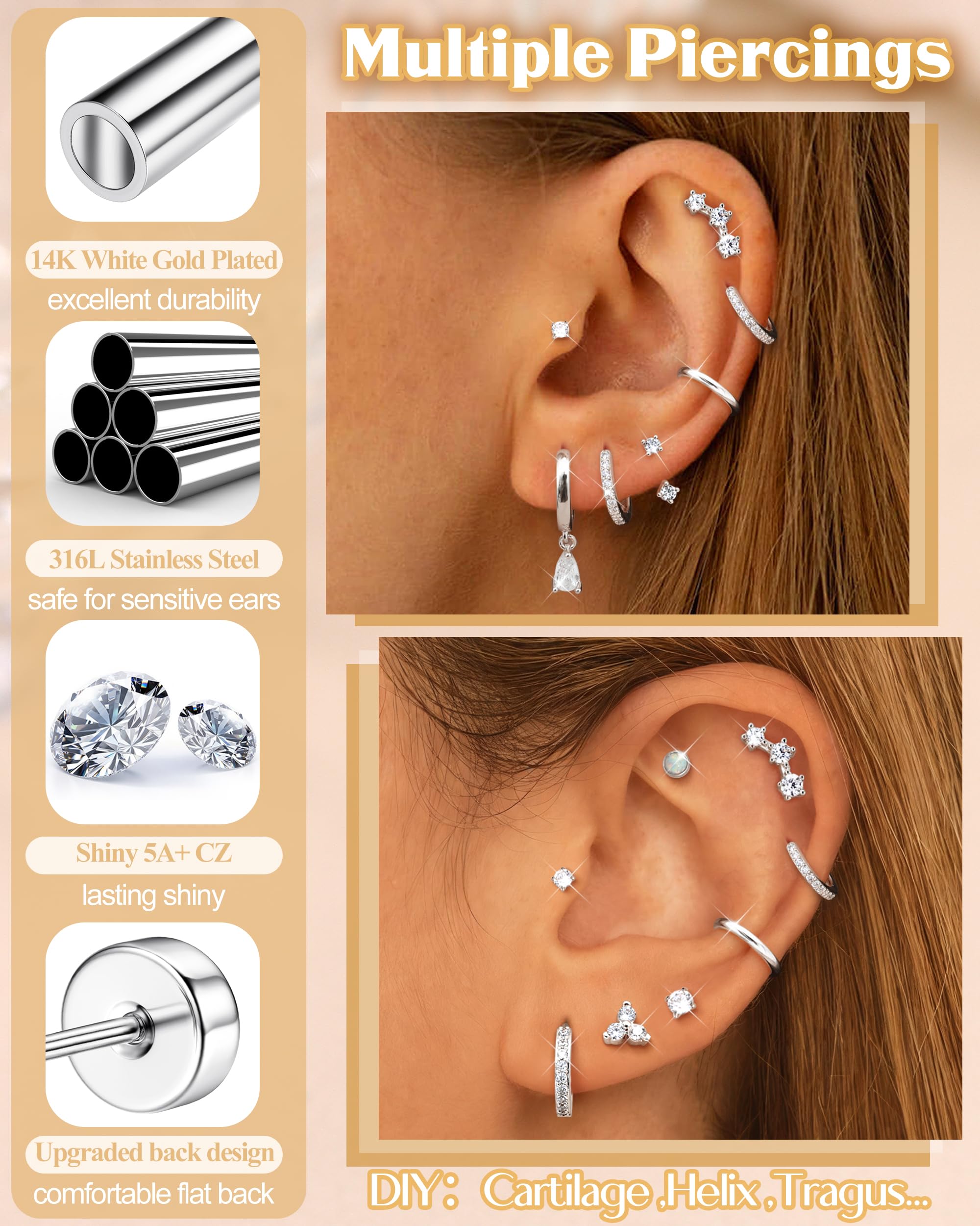 MILACOLATO Hypoallergenic Flatback Stud Earrings for Women, 14K Gold Plated & 20G Surgical Stainless Steel Cartilage Earring Stacks Sets for Multiple Piercing, Trendy Small Hoop Earrings, Silver