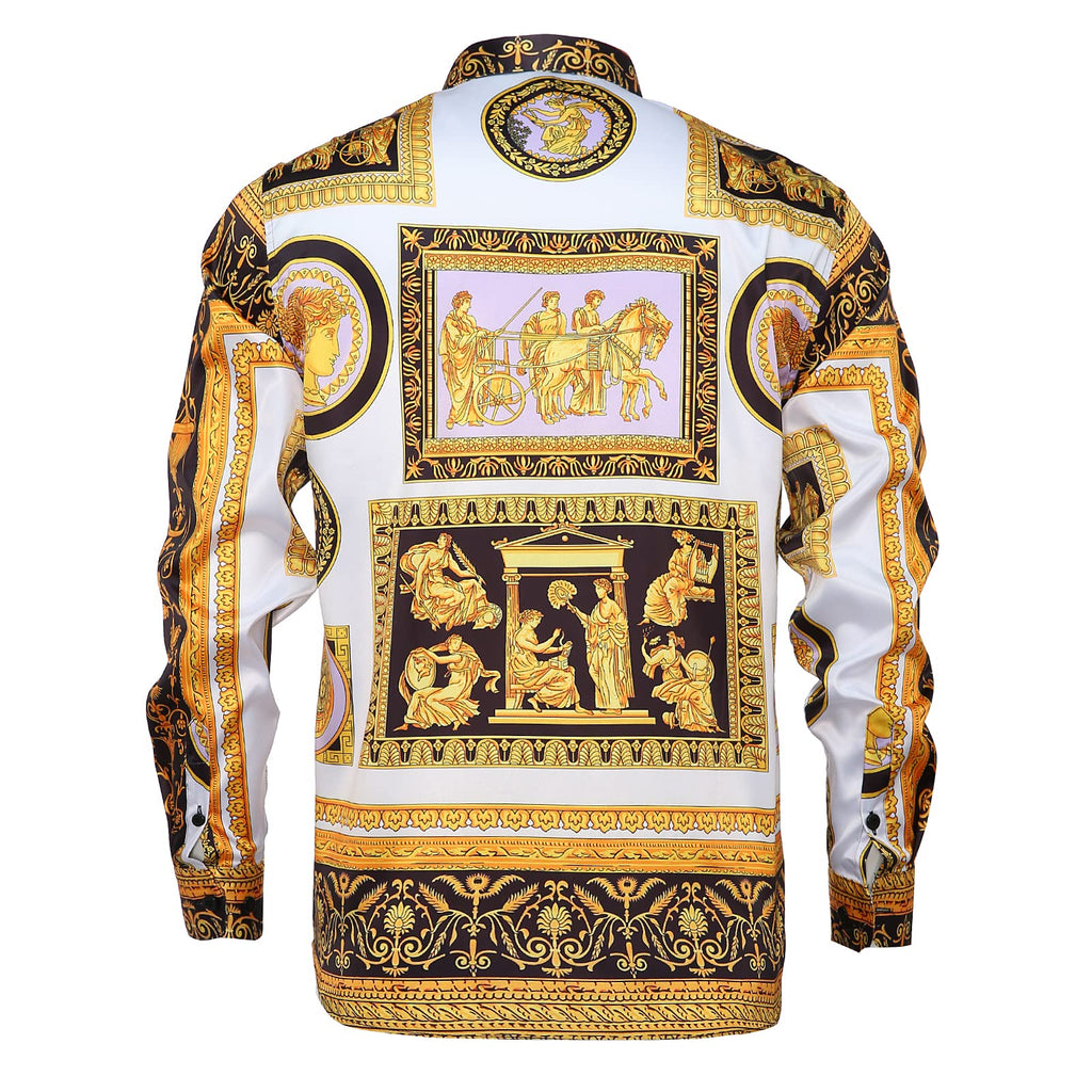 GSBOGOSSE Men Gold Fashion Luxury Printed Satin Long Sleeve Button-Down Shirts Flashy Retro Gorgeous Design Party Gift Shirt