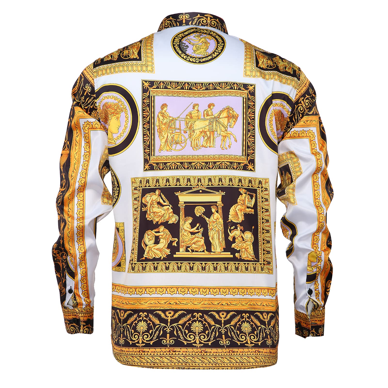 GSBOGOSSE Men Gold Fashion Luxury Printed Satin Long Sleeve Button-Down Shirts Flashy Retro Gorgeous Design Party Gift Shirt