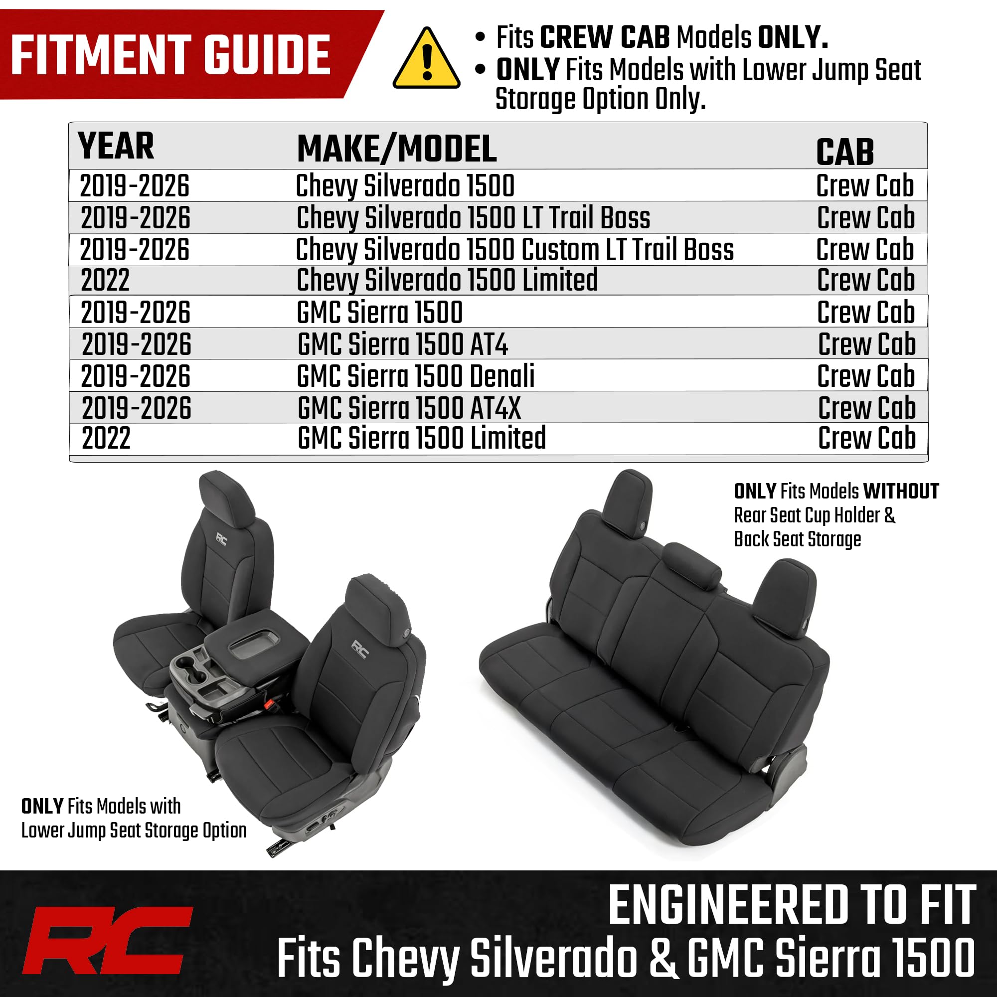 Rough Country Neoprene Seat Covers for Chevy Silverado & GMC Sierra 1500 (2019-2026) w/No Rear Seat Storage or Cup Holder - Waterproof & UV Resistant, Foam Padded, Front & Rear Row Cover Set