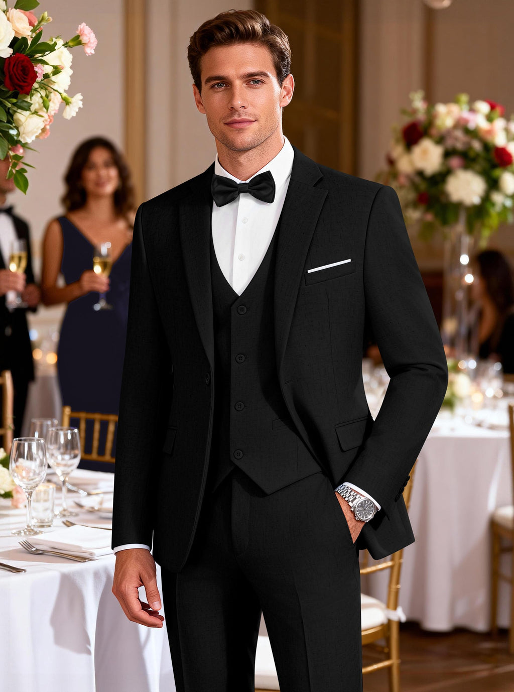 WULFUL Mens Suit 3 Piece Slim Fit Suits for Men One Button Blazer Jacket Pants Tuxedo Suit Set for Prom, Wedding and Business Black