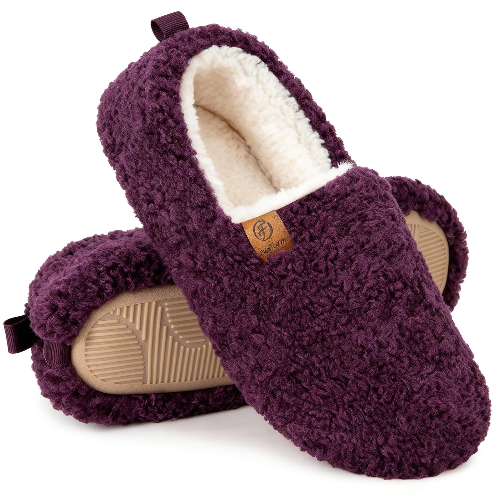 EverFoams Women’s Soft Curly Full Slippers Memory Foam Lightweight House Shoes Cozy Loafer with Polar Fleece Lining Dark Aubergine,8.5 US