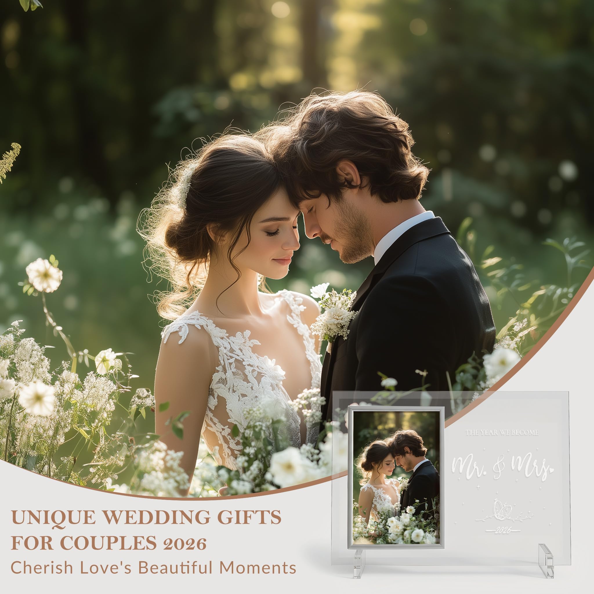PIKPEOD Wedding Gifts for Couples 2026, Engagement Anniversary Mr and Mrs Presents for Newlyweds, Bridal Shower Gift for Bride to be, Personalized Glass Picture Frame 4x6 for His and Her