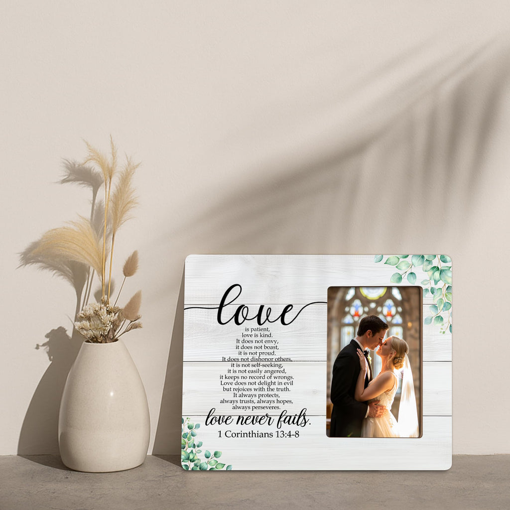 DIMSEOIUS Christian Wedding Gifts for the Couple, Love is Patient Love is Kind Picture Frame, Bible Verse Love Never Fails 1 Corinthians Frames Fits 4x6 Photo