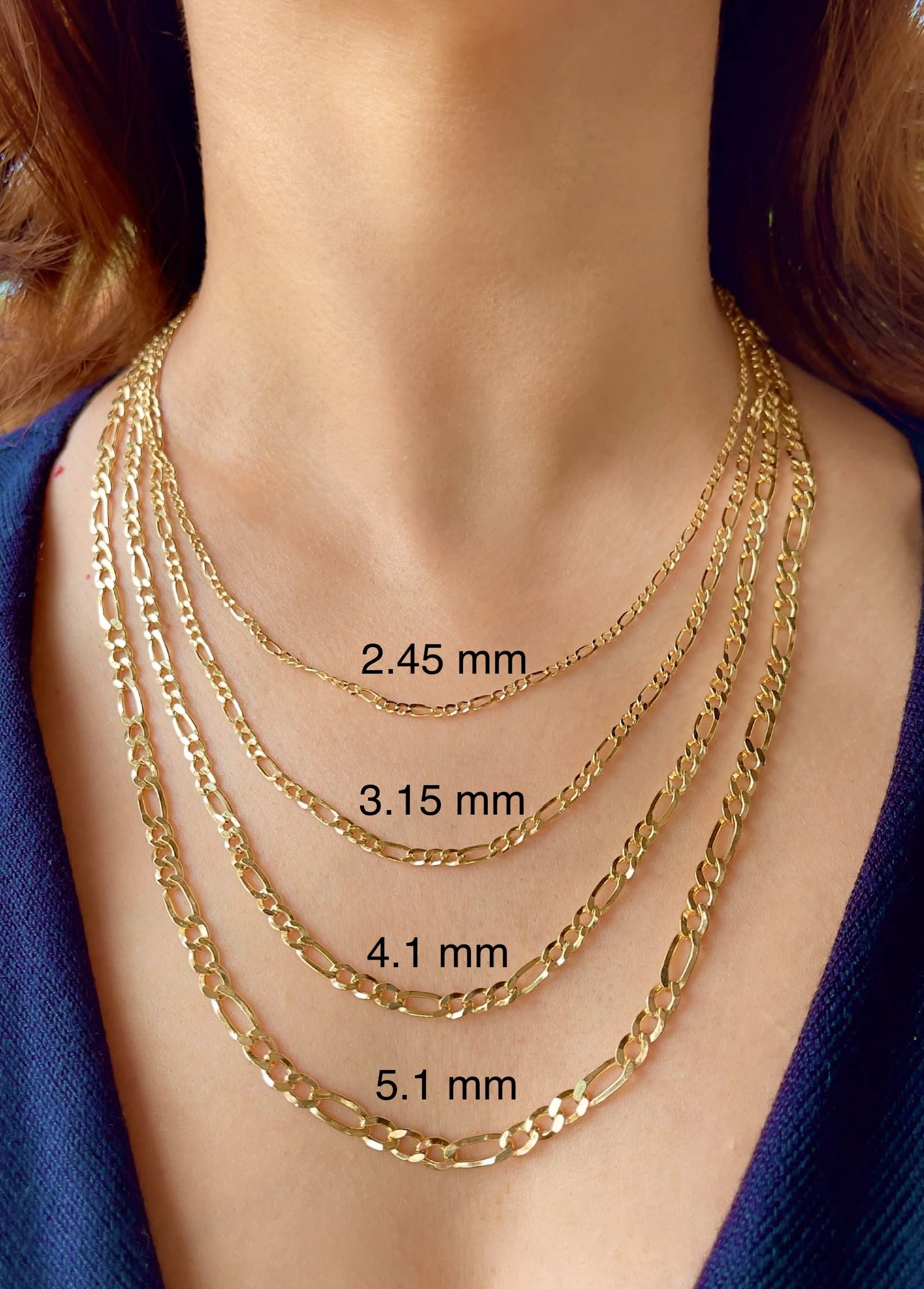JEWELHEART 14K Real Gold Figaro Chain - 2.45mm Diamond Cut Cuban Link Figaro Necklace For Men - Dainty Yellow Gold Pendant Necklace For Women with Lobster Clasp 24"
