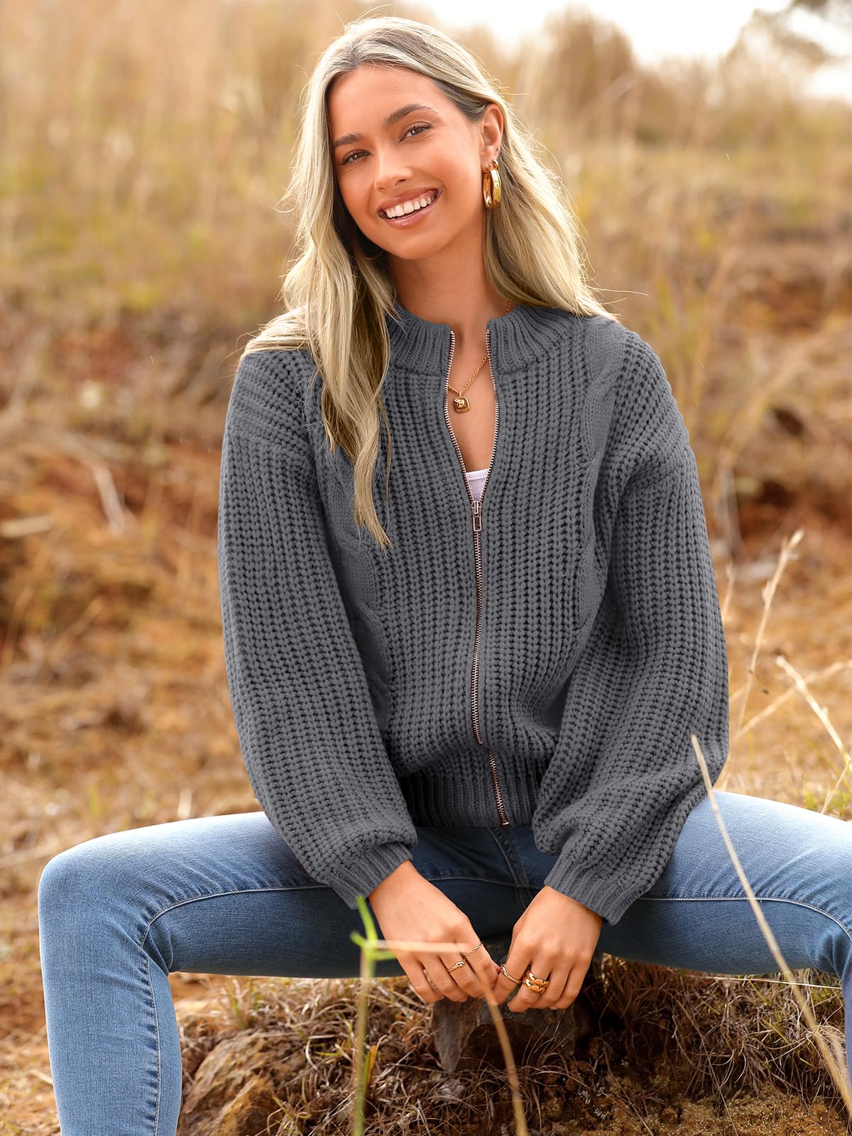 PRETTYGARDEN Women's Casual Long Sleeve Zip Up Open Front Cable Knit Cardigan Sweaters for Women 2025 Fall Sweater (Grey,XX-Large)