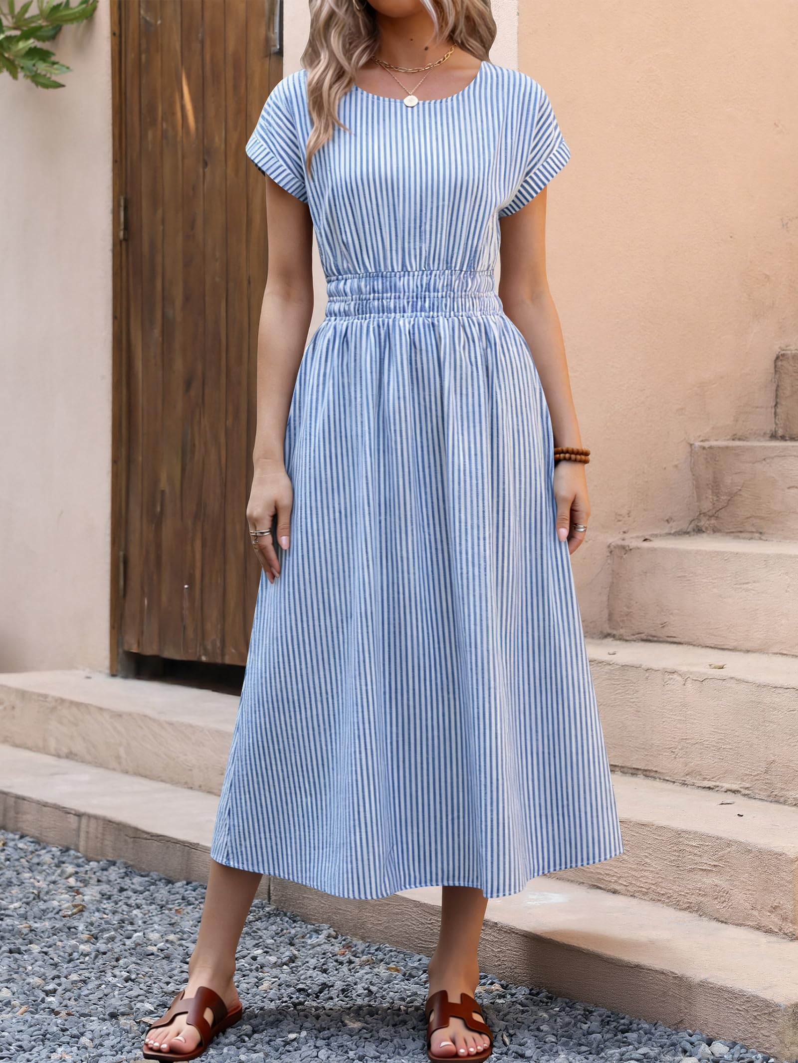 ANRABESS Womens Summer Midi Dress Striped Casual Short Sleeve Crewneck Empire Waist 2026 Flowy Long Beach Dress with Pockets Blue White Stripe X-Large