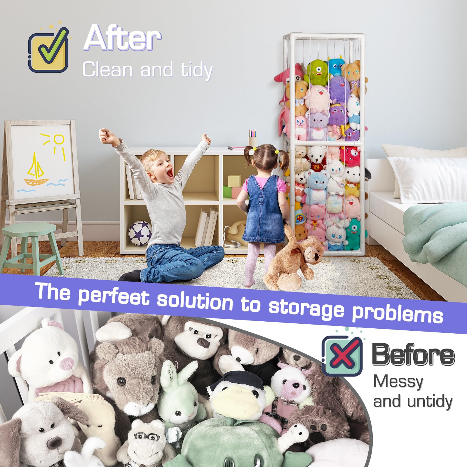 Trycooling Stuffed Animal Storage Zoo Holder Space Save Vertical PVC with Elastic Band and Net for Playroom Bedroom Nursery (White 1)