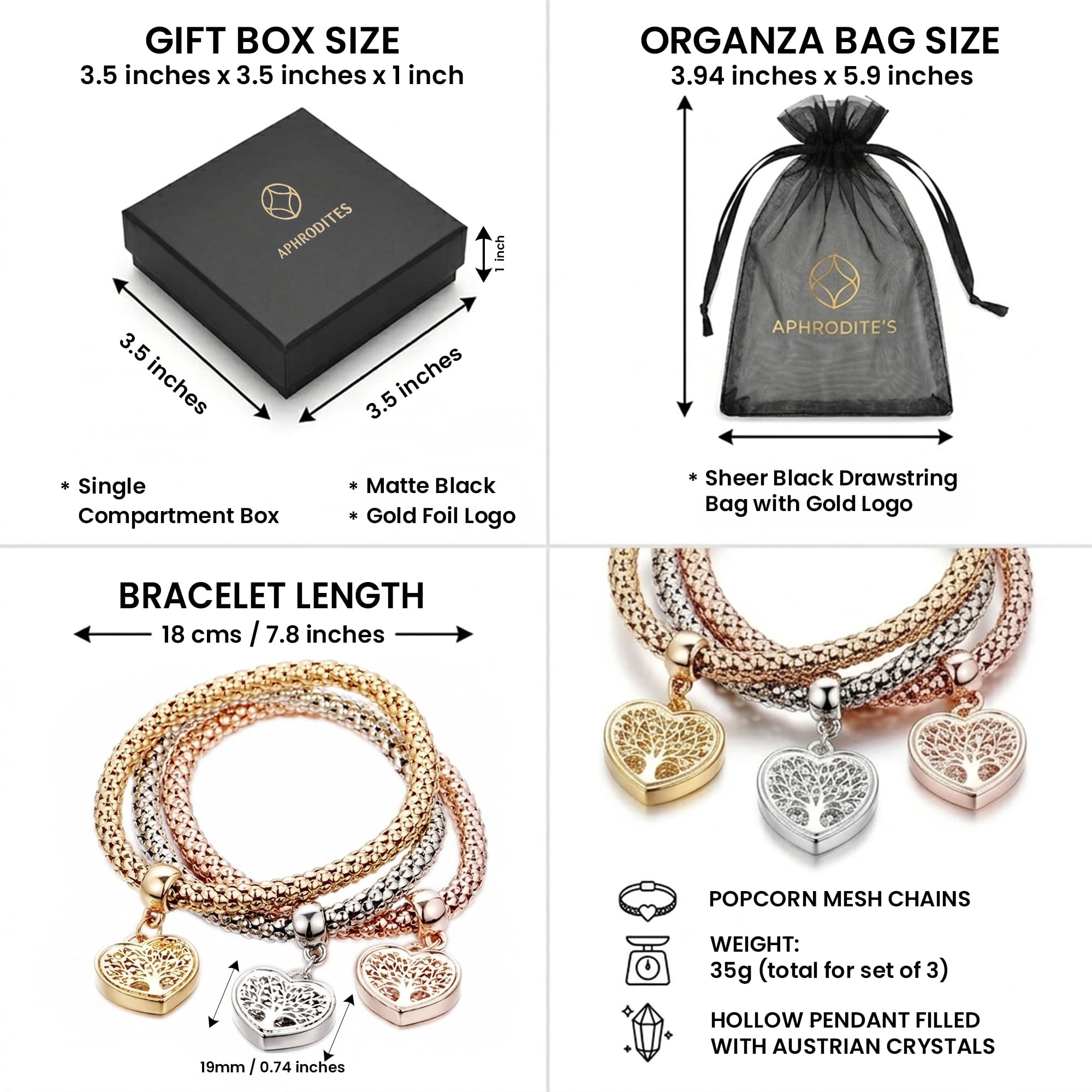 Aphrodite's Tree of Life Heart Edition Charm Bracelet with Austrian Crystals – Gold, Silver & Rose Gold Plated Popcorn Chain Bracelet Set for Women