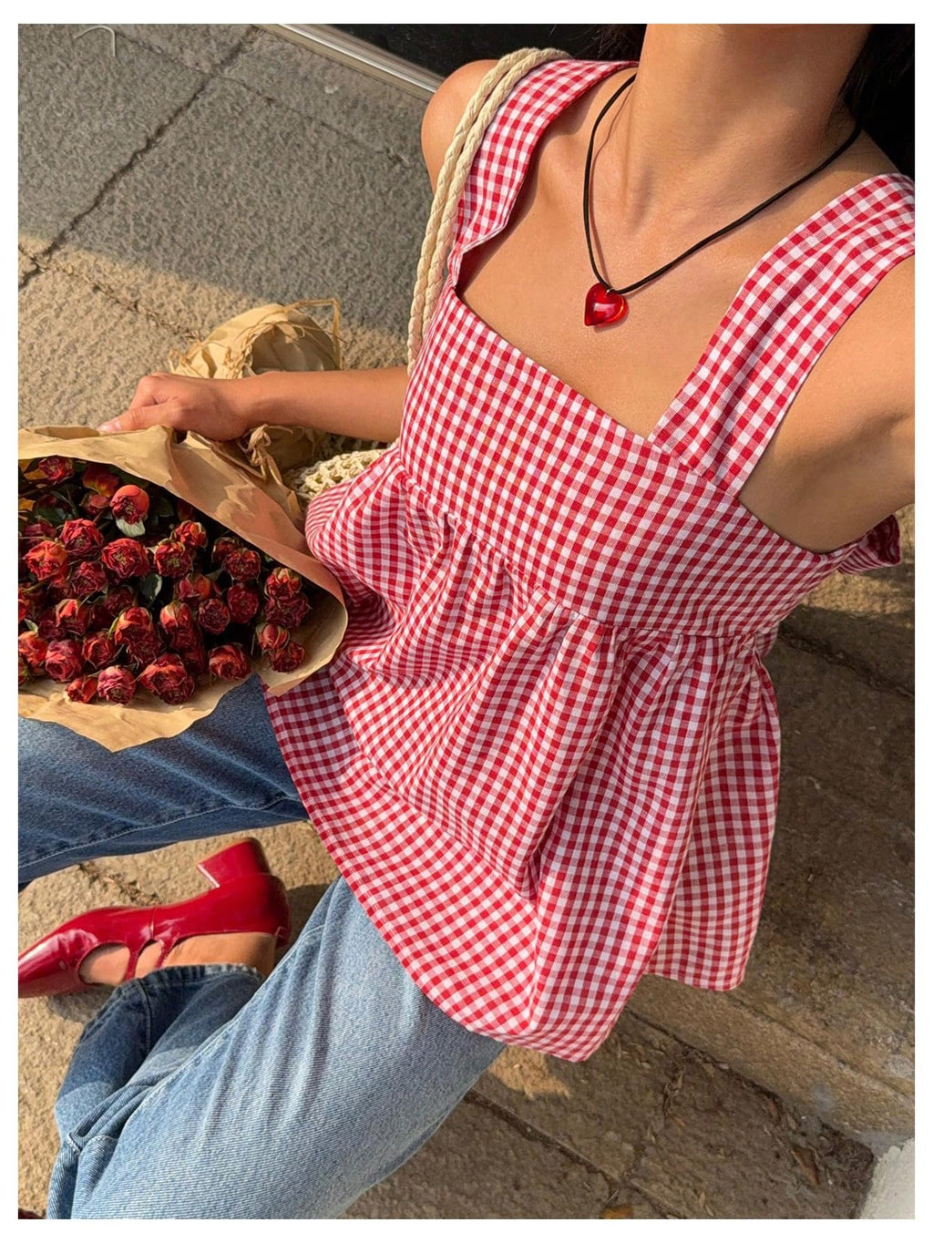 WDIRARA Women's Square Neck Tie Back Tank Top Plaid Peplum Babydoll Tops Red and White XX-Large