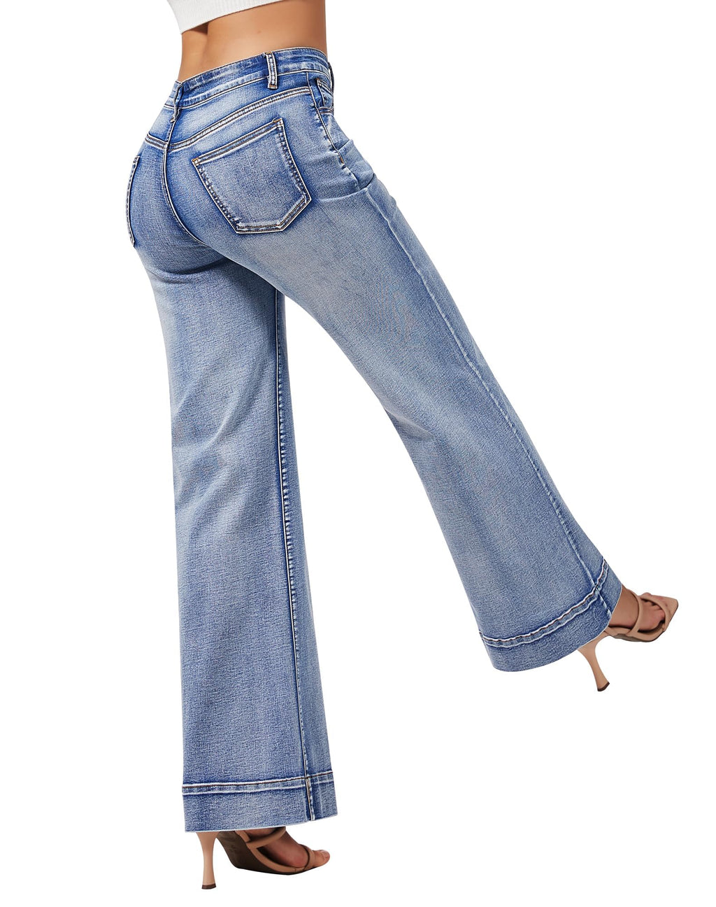 roswear Women's Wide Leg Jeans Casual High Waisted Stretchy Baggy Loose Long Trouser Jeans Light Blue Medium