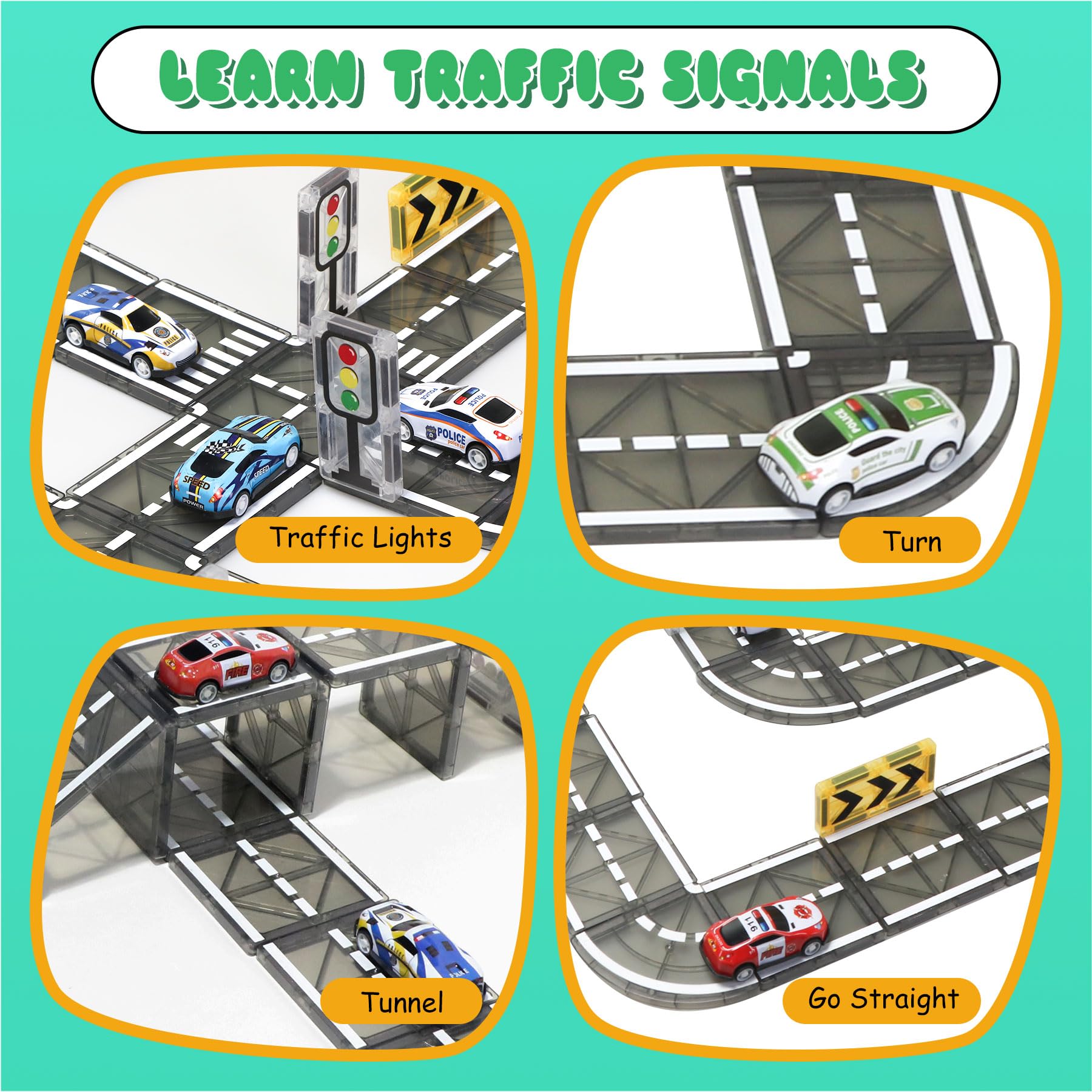 Magnetic Tiles Road Set with Pullback Car, Magnetic Blocks for Kids Ages 4-8, Magnet Tiles for Preschool STEM Building Toy, Autism Learning Sensory Montessori Toys Gift for Toddler Boys and Girls