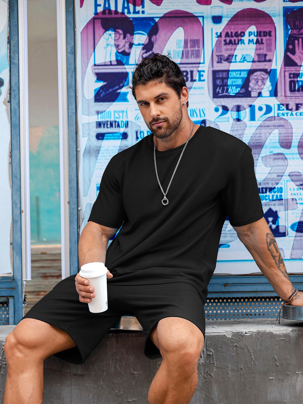 Babioboa Men's Casual set Tee TShirt Suit 2 pockets two piece outfit Homewear Summer oversize Tracksuit for men(Black,S)
