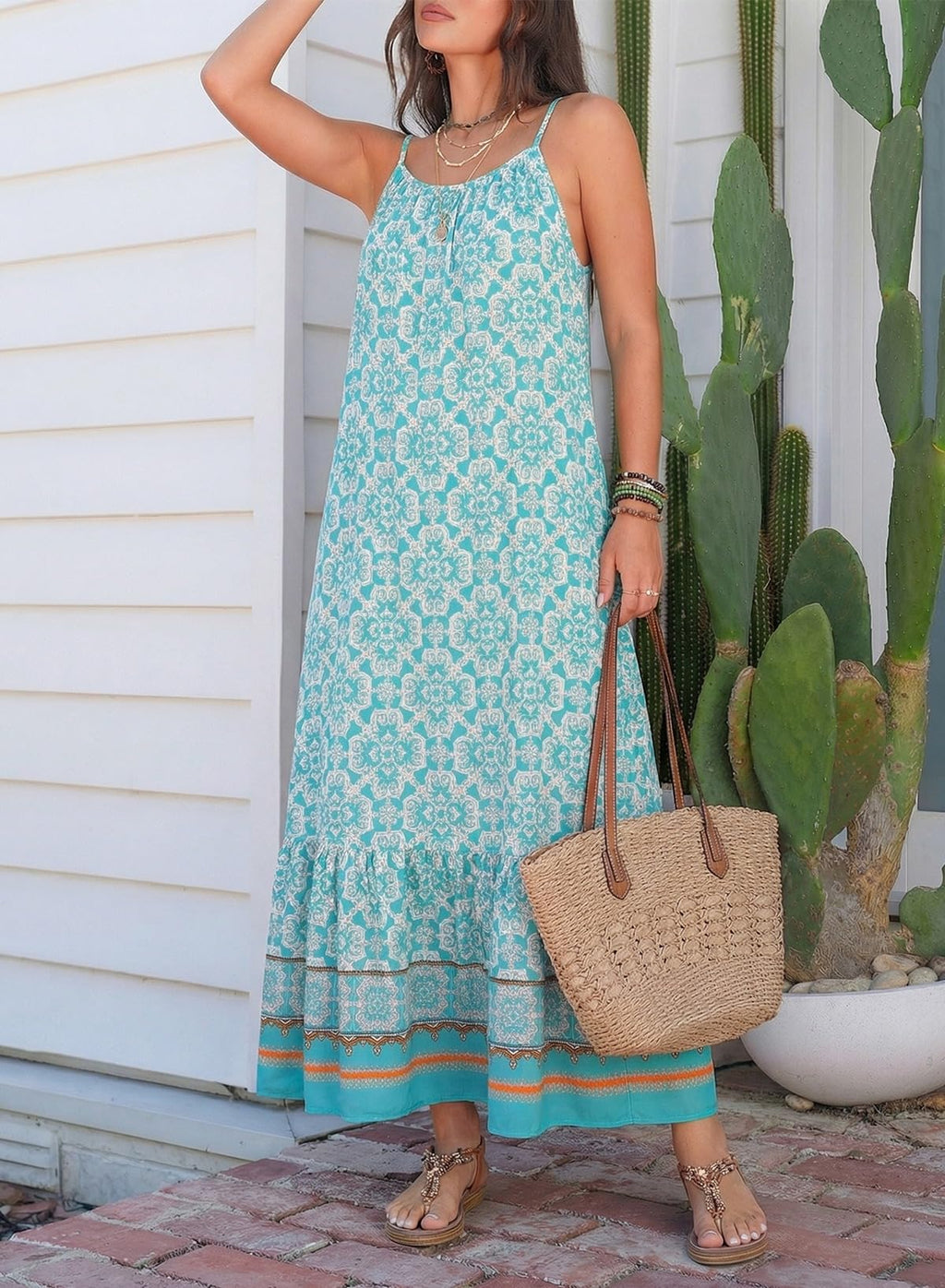 Dokotoo Summer Maxi Dress for Women U Neck Floral Boho Dress Sleeveless Spaghetti Strap Sun Dress Ruffle A Line Casual Dresses for Outgoing Beach Vacation Essentials Large Sky Blue