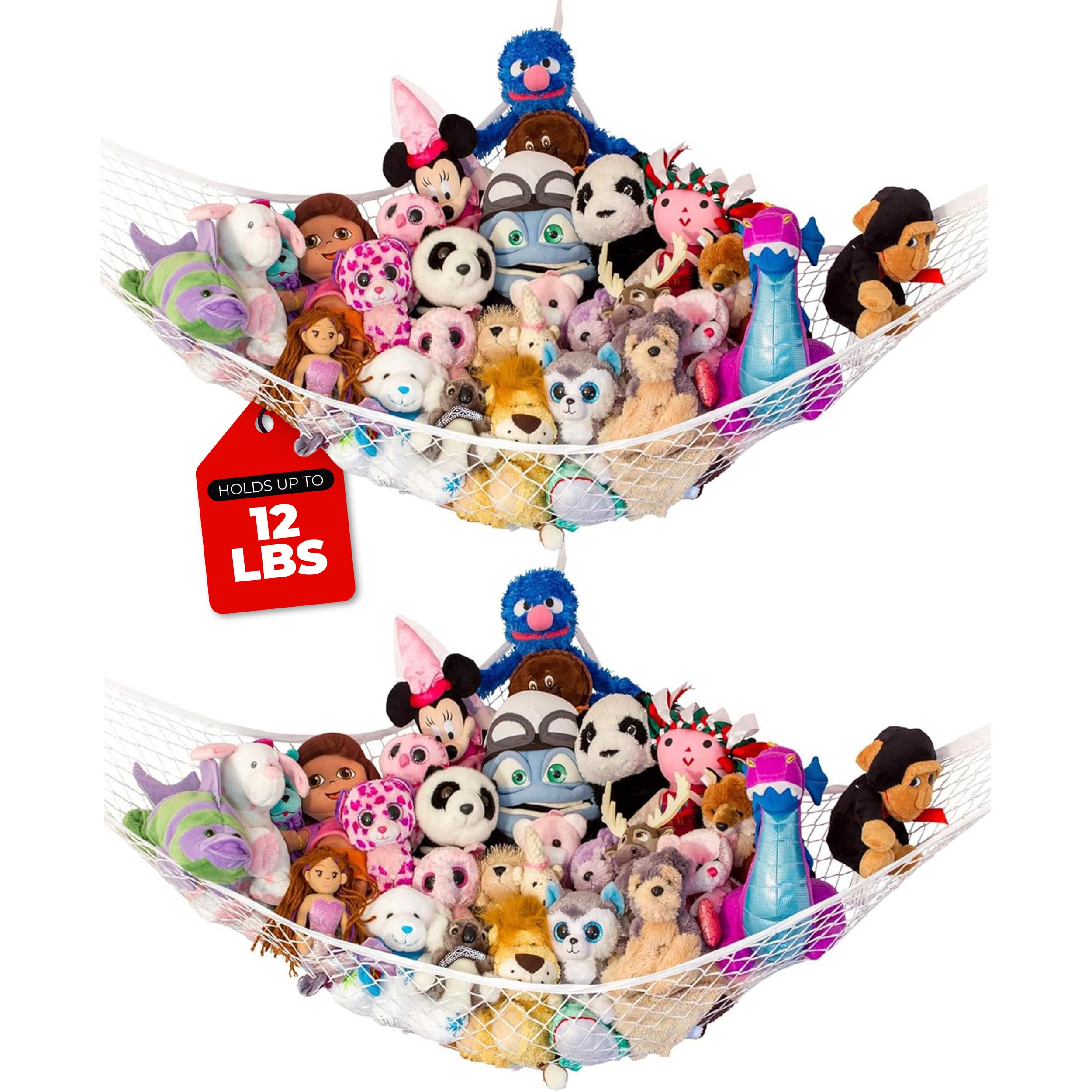 Lilly's Love Stuffed Animal Hammock | Corner Hanging Organizer, Toy Storage, Stuffed Animal Storage Net | Made from Quality Fishing Net, Holds 12lbs | 67"x47"x47" (White, 2 Pack)