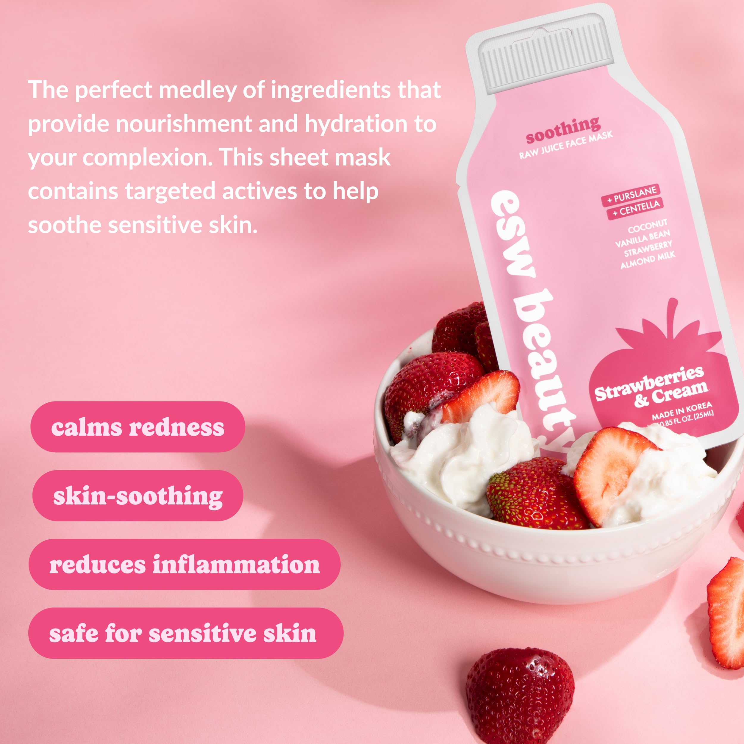 ESW Beauty Strawberries & Cream Sheet Mask - Raw Juice Hydrating Face Mask - Calming with Coconut, Vanilla Bean, Almond Milk & Strawberry for Sensitive Skin - Reduces Redness & Nourishes