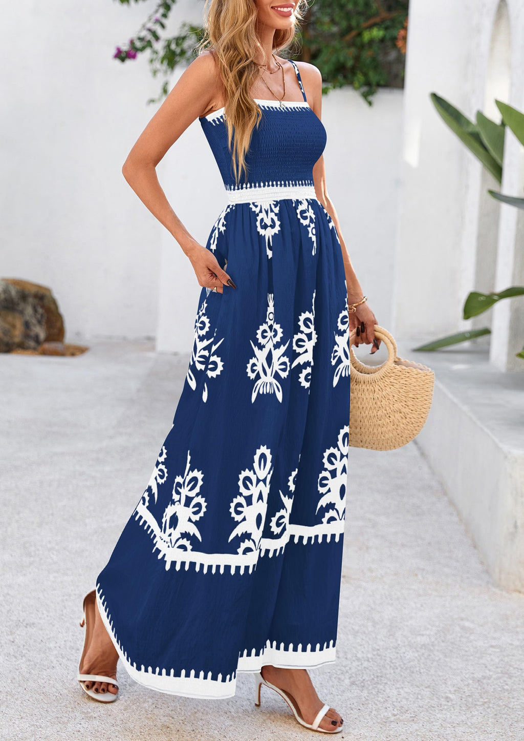 PRETTYGARDEN Summer Dress for Women 2025 Floral Sundress Spaghetti Strap Flowy Beach Vacation Boho Maxi Dresses (Dark Blue White Floral,Medium)