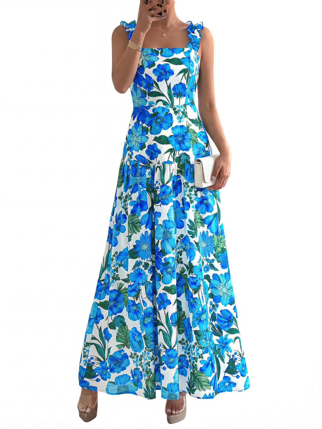 BTFBM Dresses for Women Summer 2026 Formal Sleeveless Smocked Floral Long Wedding Guest Dress Party Spring (Floral White Blue,Small)