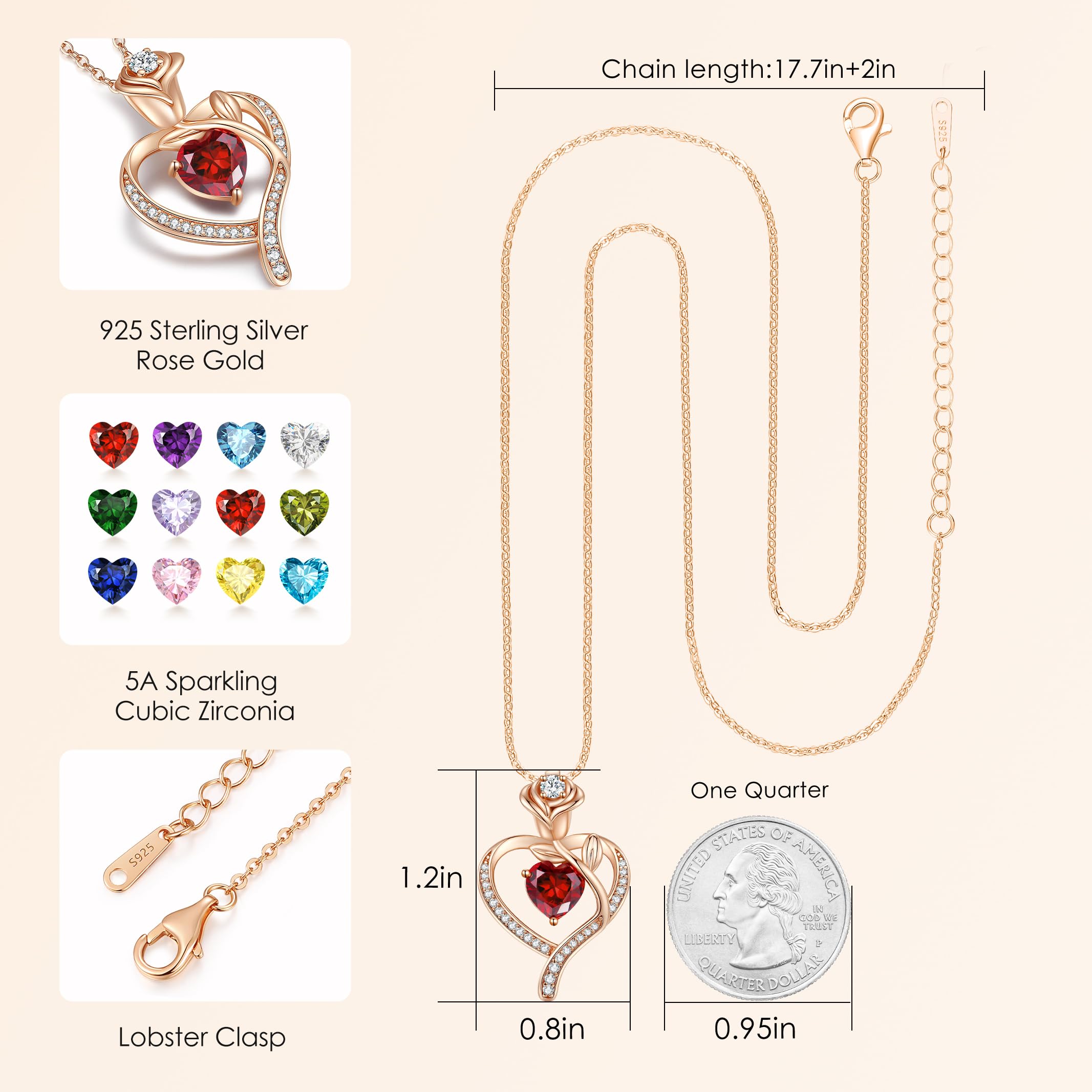 LOUISA SECRET Mothers Day Gifts for Mom Rose Flower Heart Birthstone Necklaces for Women, 925 Sterling Silver Jewelry, Pendant Heart Necklaces Birthday Anniversary Christmas Gift for Women Wife Mom Girlfriend Lady