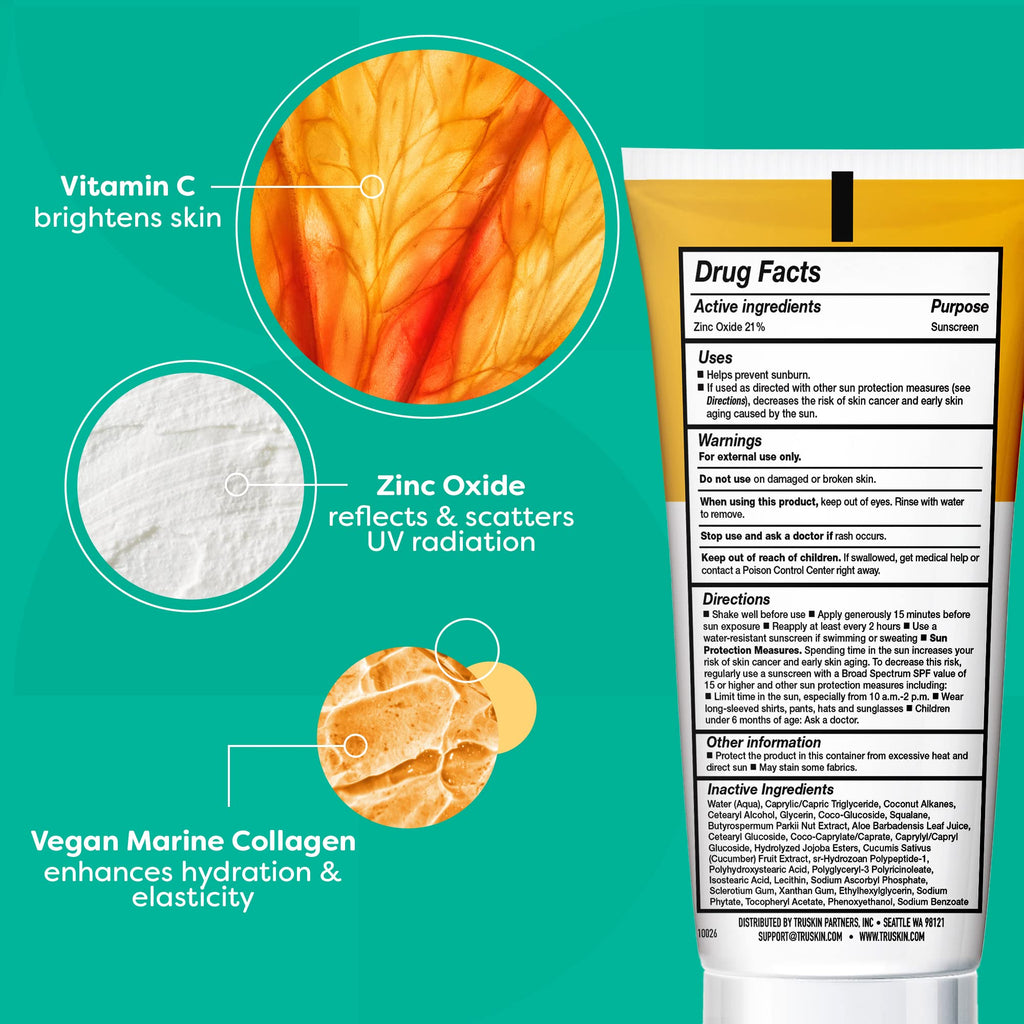 TruSkin Mineral Sunscreen SPF 30 for Face - Zinc Oxide Broad Spectrum Protection with Squalane, Vitamin C & Marine Collagen - Reef-Safe Mineral Face Sunscreen for Sensitive Skin, 1.7 fl oz