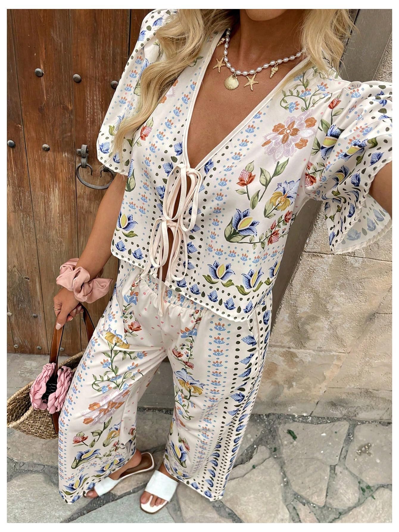 WDIRARA Women's Boho Floral 2 Piece Palazzo Pants Set Short Sleeve Tie Front Blouse Wide Leg Pants Vacation Outfits Apricot Small