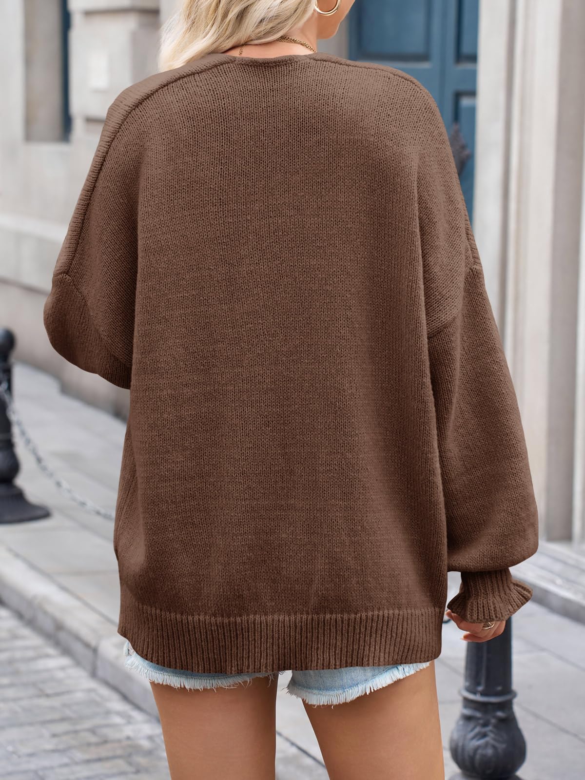 Saodimallsu Womens Oversized Open Front Cardigan Fall Ruffle Lantern Long Sleeve Chunky Knit Loose Sweater Coats Coffee