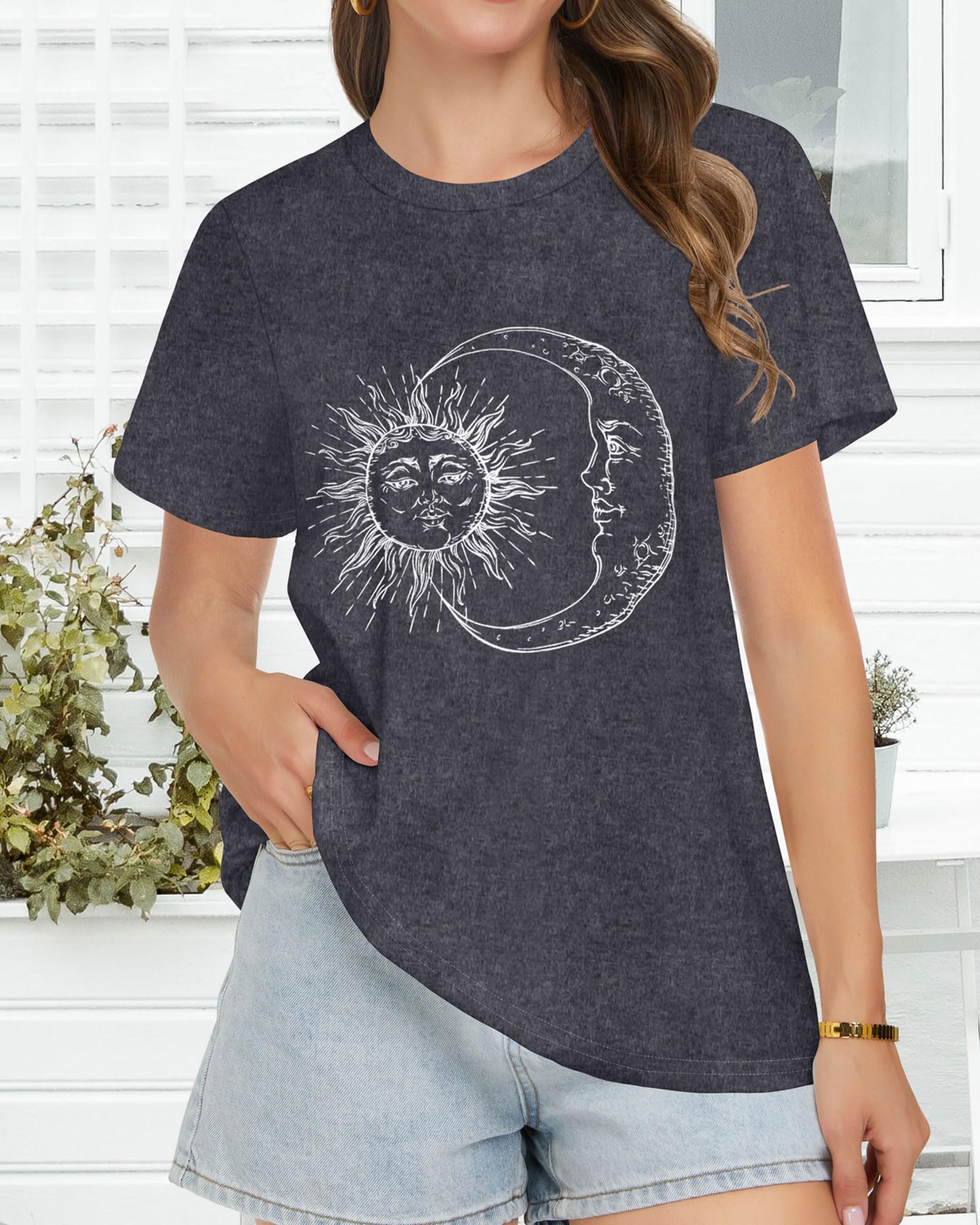 T Shirts for Women Summer Short Sleeve Crewneck Casual Cute Graphic Basic Tees Tops, Deep Grey Moon, L