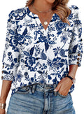Boho Tops for Women 3/4 Length Sleeve Womens Tops Blouses Dressy Casual Early Fall Fashion 2026 Spring Outfits for Teachers Plus Size Summer Women's Clothing Trendy Fall Clothes Blue Floral 2XL