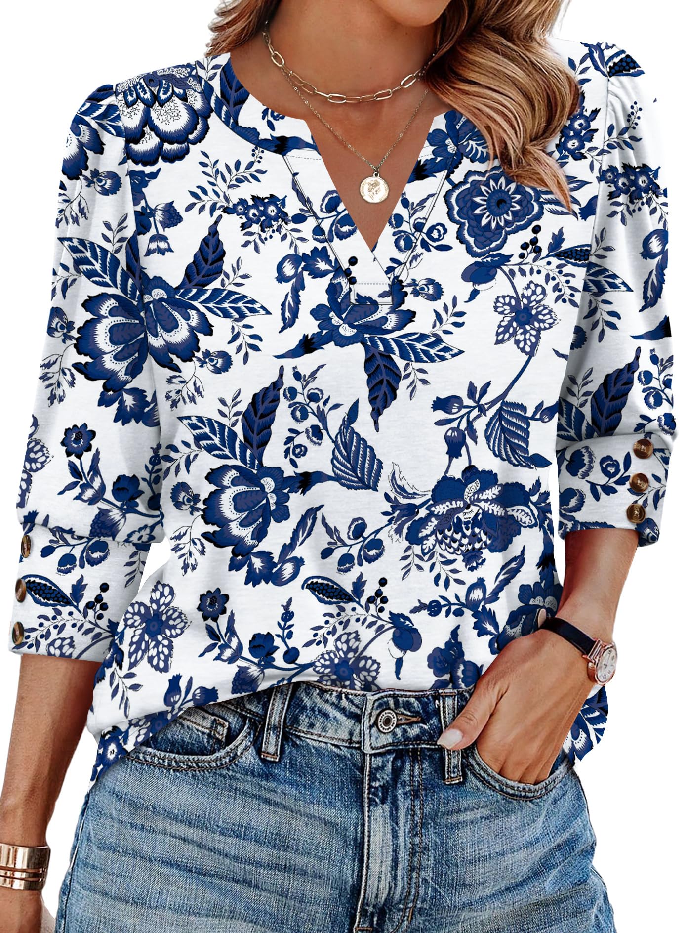 Boho Tops for Women 3/4 Length Sleeve Womens Tops Blouses Dressy Casual Early Fall Fashion 2026 Spring Outfits for Teachers Plus Size Summer Women's Clothing Trendy Fall Clothes Blue Floral 2XL