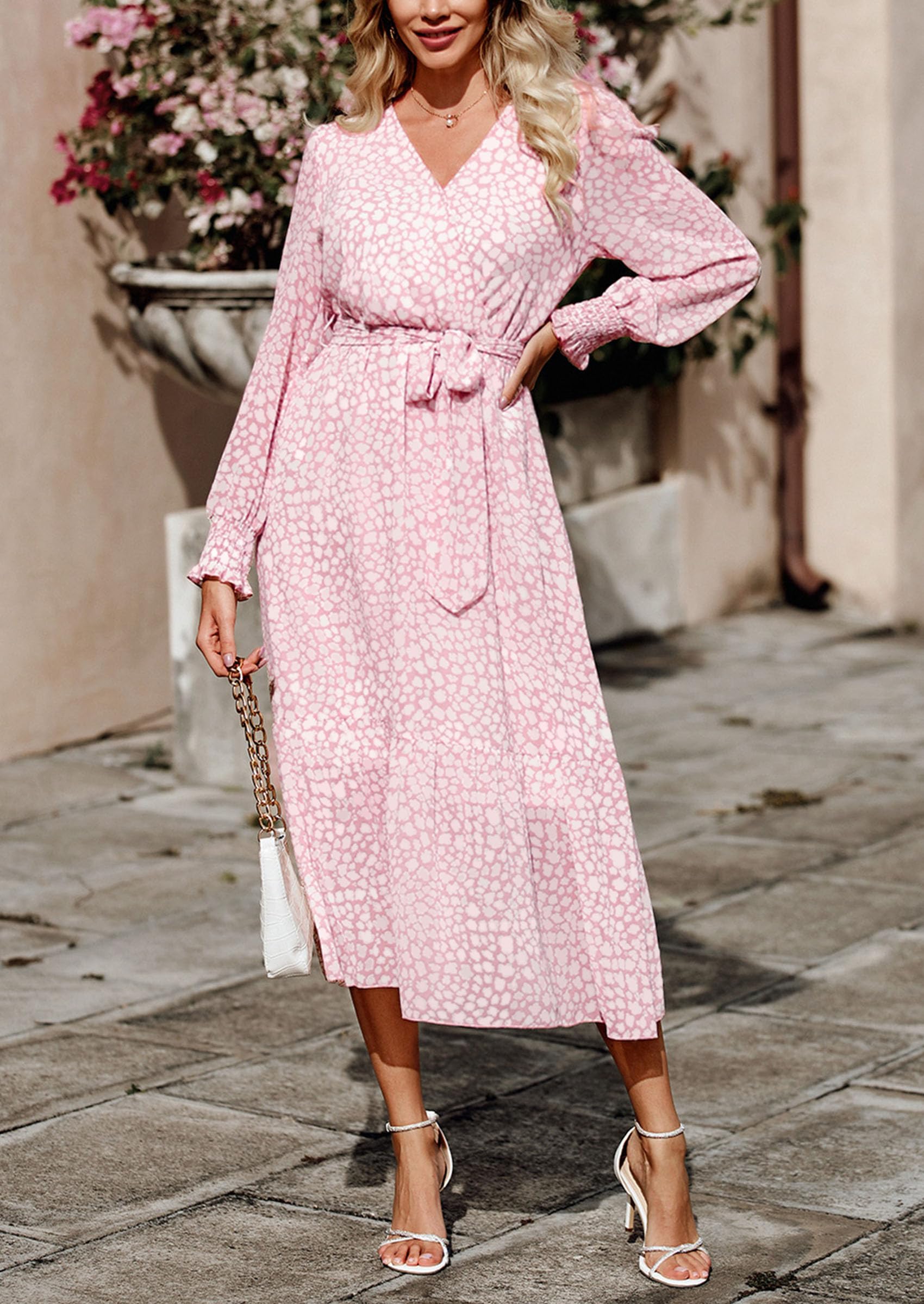 PRETTYGARDEN Women's Floral Boho Dress Fall Long Sleeve Wrap V Neck Ruffle Flowy Maxi Spring Wedding Guest Vacation Dresses (Pink,Small)