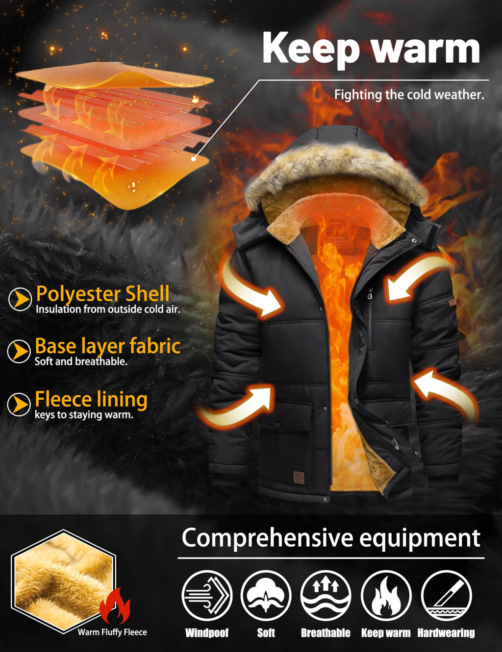 TACVASEN Winter Jackets for Men Coat with Hood Water Repellent Windbreaker Warm Fleece Hiking Jacket Black