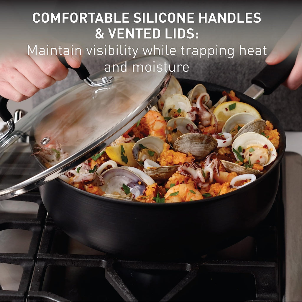 T-Fal Ultimate Hard Anodized Nonstick Cookware Set 17 Piece, Nonstick Pots and Pans Set with Fry Pan, Saucepans, Saute-Pan, Griddle, Dishwasher Safe, Black