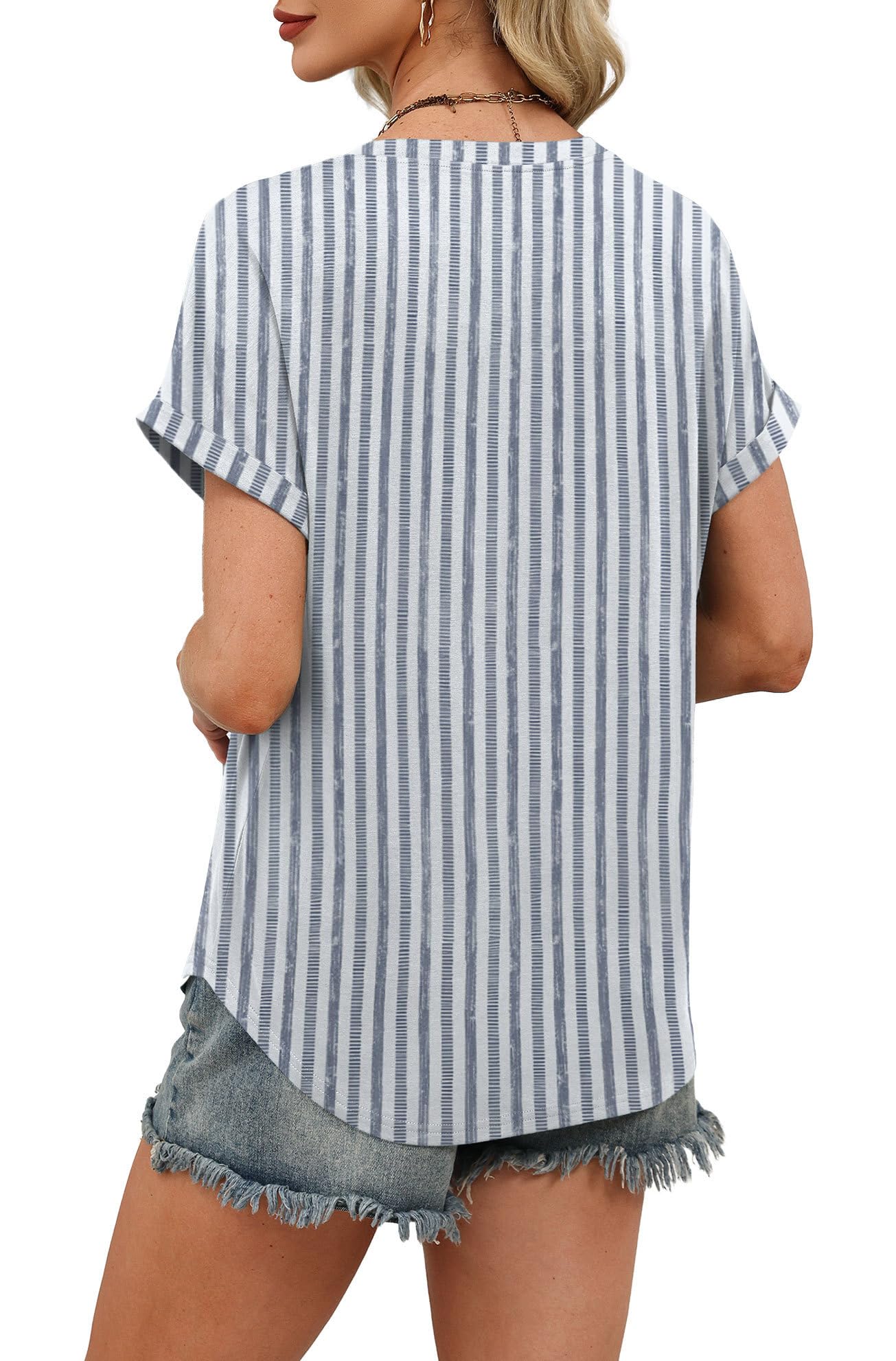 WIHOLL Womens Boho Tops 2026 Summer Short Sleeve Tshirts Shirts Spring Dressy Casual Blouses Airport Trendy Outfits L Blue Stripe