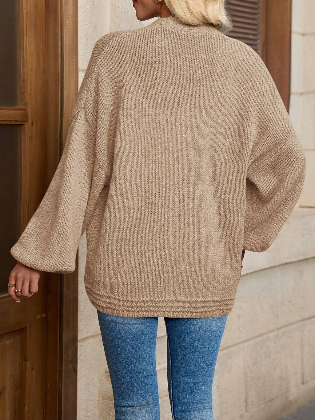 Saodimallsu Womens Open Front Cardigans Long Lantern Sleeve Oversized Chunky Knit Casual Fall Sweater Coat Light Brown