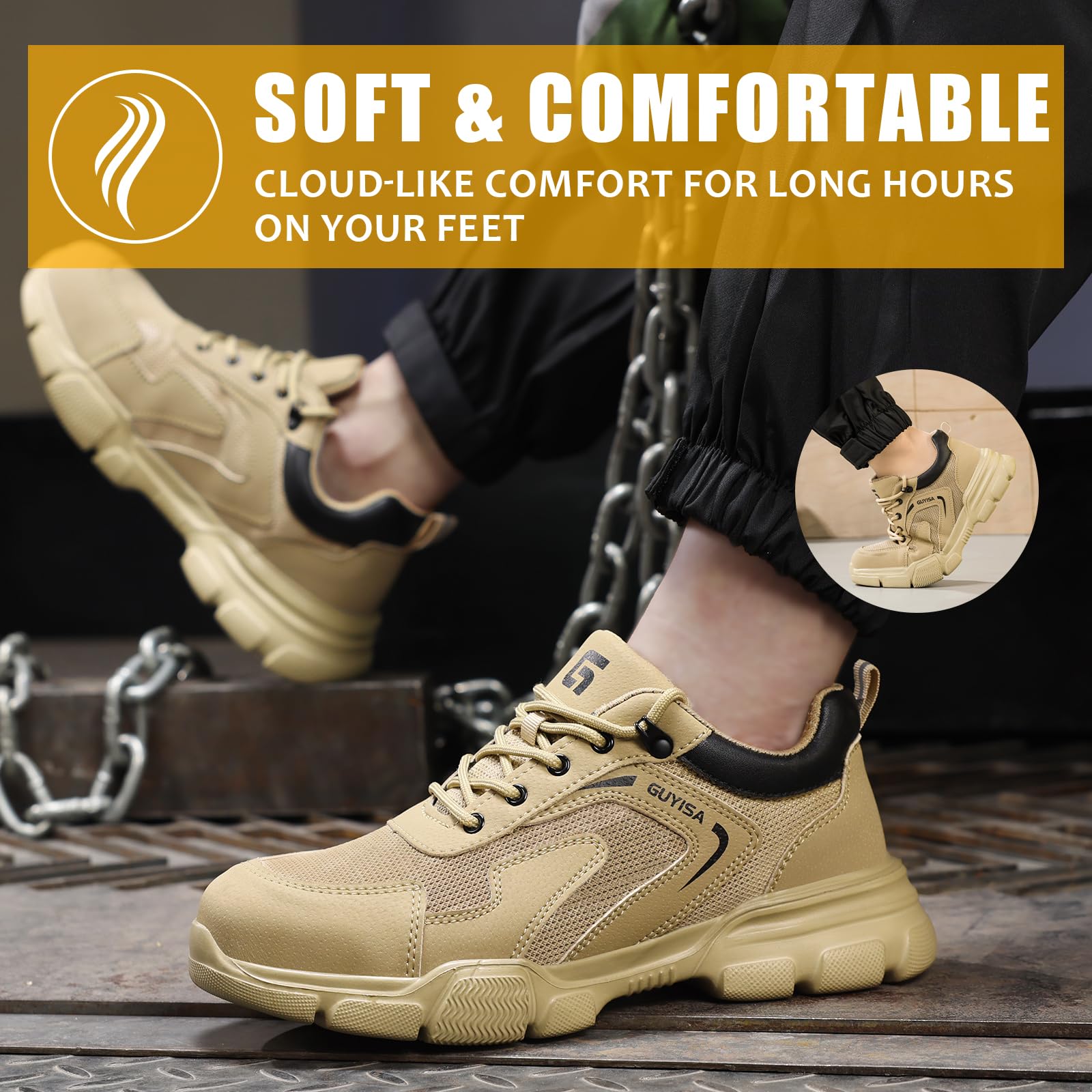 Gsutenmre Steel Toe Shoes for Men Lightweight Work Shoes Men Puncture Resistant Safety Footwear Industrial Shoe Comfortable for Construction Warehouse Jobs Khaki