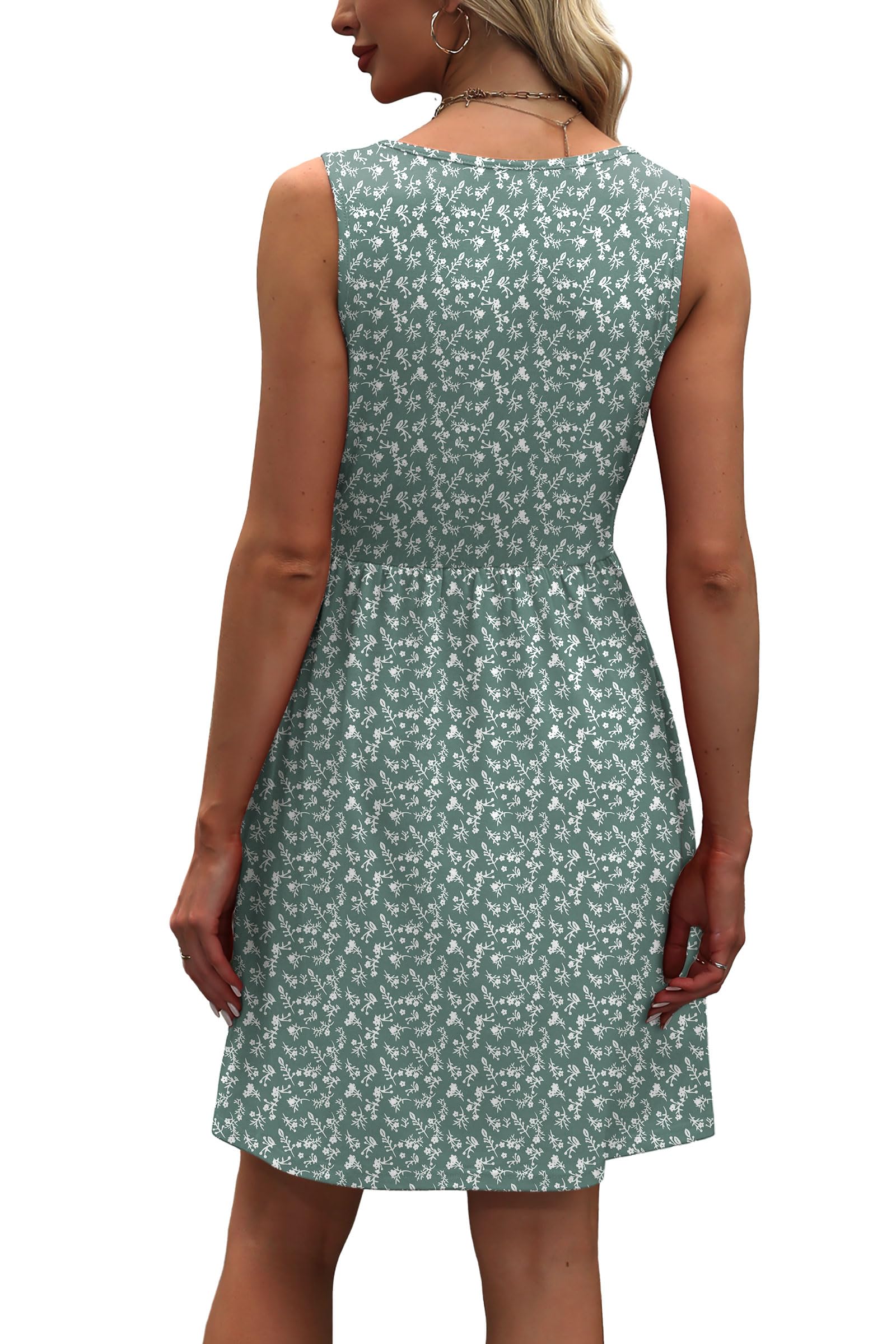 WIHOLL Summer Dresses for Women 2026 Sleeveless Spring Break Essentials Dresses for Women Casual Cute Beach Vacation Clothes Fashion Floral Dress Sundresses with Pockets Womens Sun Dress Green M