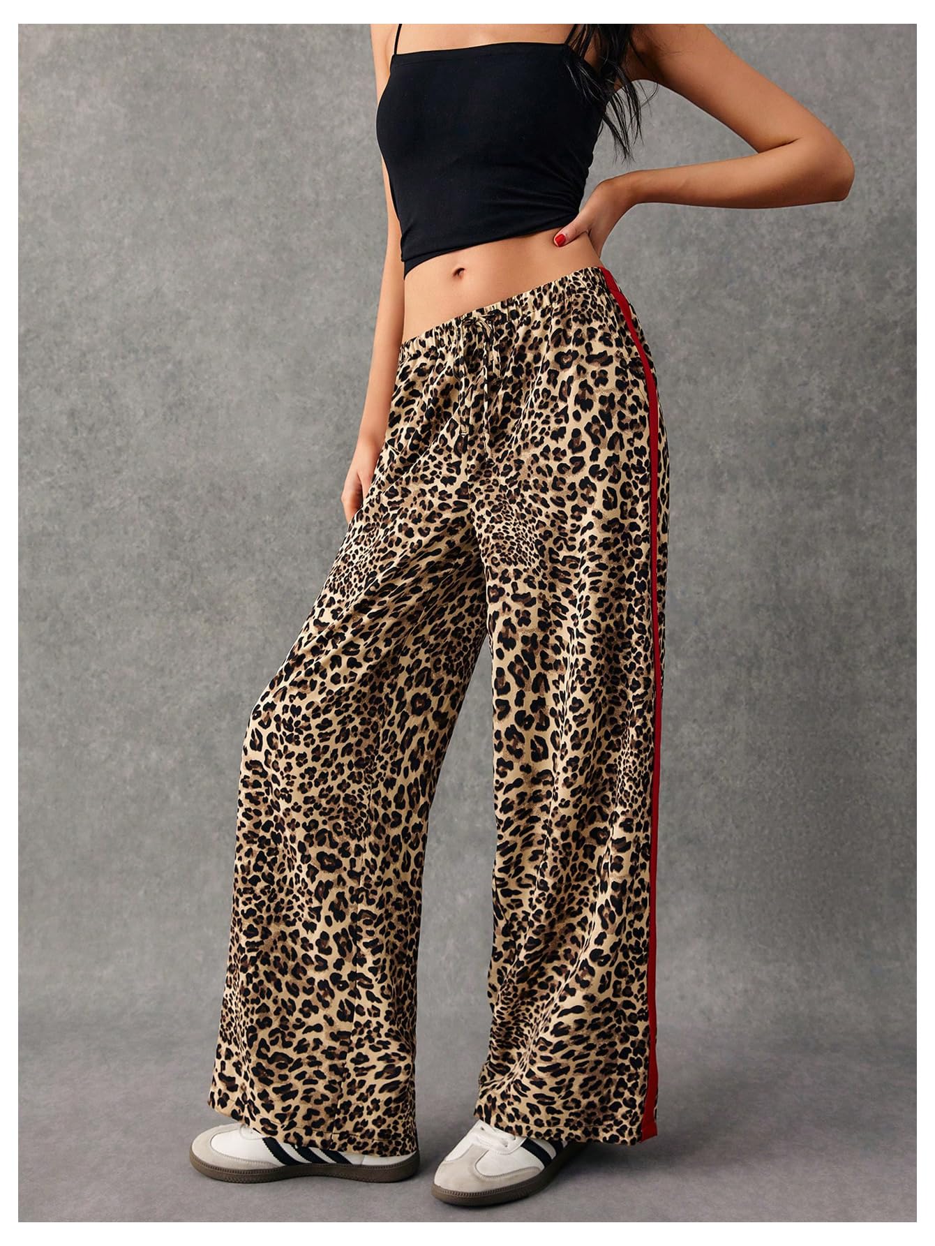 WDIRARA Women's Leopard Print Side Striped Wide Leg Sweatpants High Waisted Drawstring Baggy Pants Brown Medium