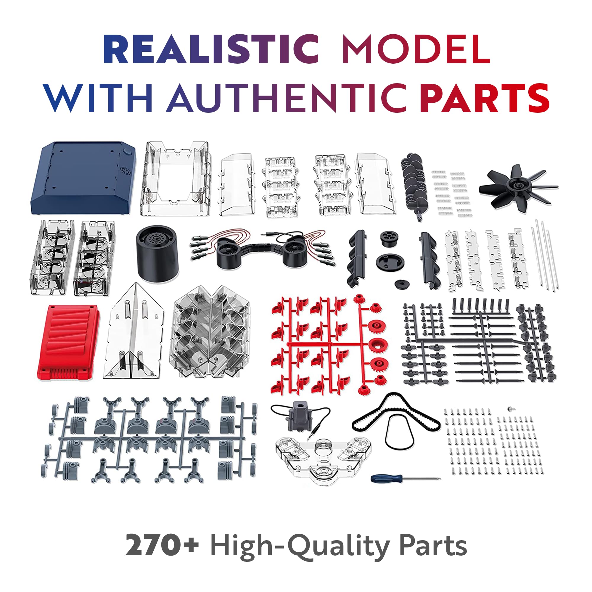Playz V8 Combustion Engine Model Kit That Runs - Build Your Own STEM Mini V8 Model Engine Kit for Adults & Kids Age 12+, Visible V8 Mini Engine Kit That Works for Adult w/ 270 STEM Parts