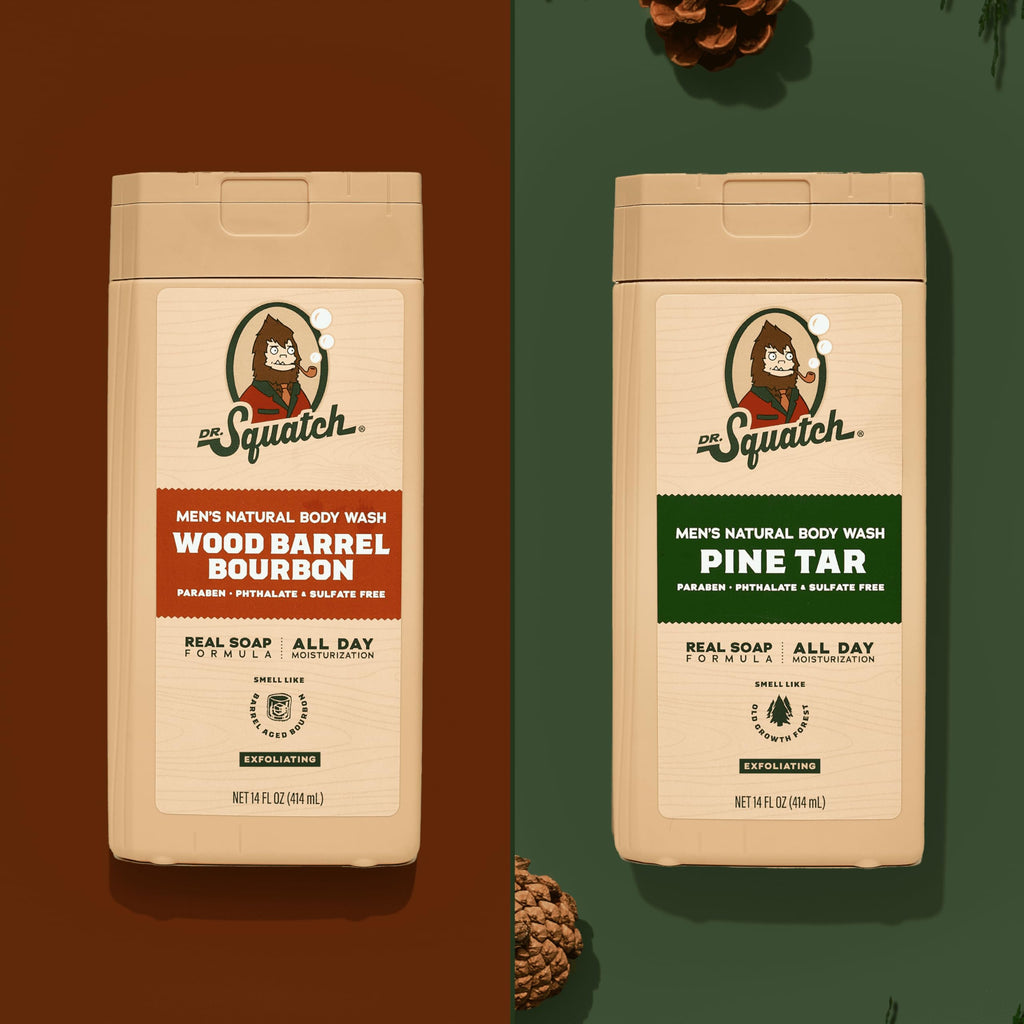 Dr. Squatch Natural Men's Body Wash Shower Gel - Cleansing, Nourishing, Long Lasting Scent, Moisturizing Body Wash for Men - Pine Tar + Wood Barrel Bourbon (14 oz, 2-Pack)