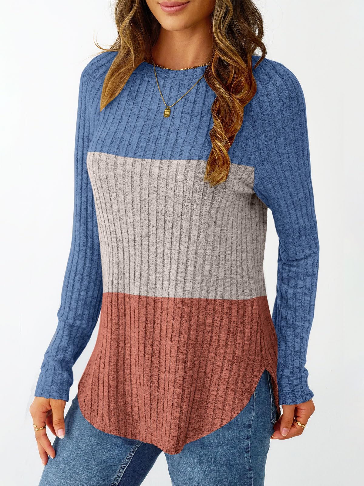 NORACORA Long Sleeve Shirts for Women Crew Neck Tunic Tops Loose Fit Lightweight Pullover Sweaters Trendy Sweatshirts 2025 Blue-caramel XXL