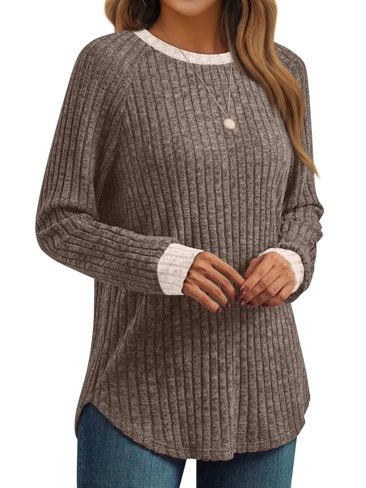 AUTOMET Womens Long Sleeve Tops Winter Clothing 2026 Dressy Casual Tunic Sweaters Fall Fashion Color Block Shirts Khaki 02 L