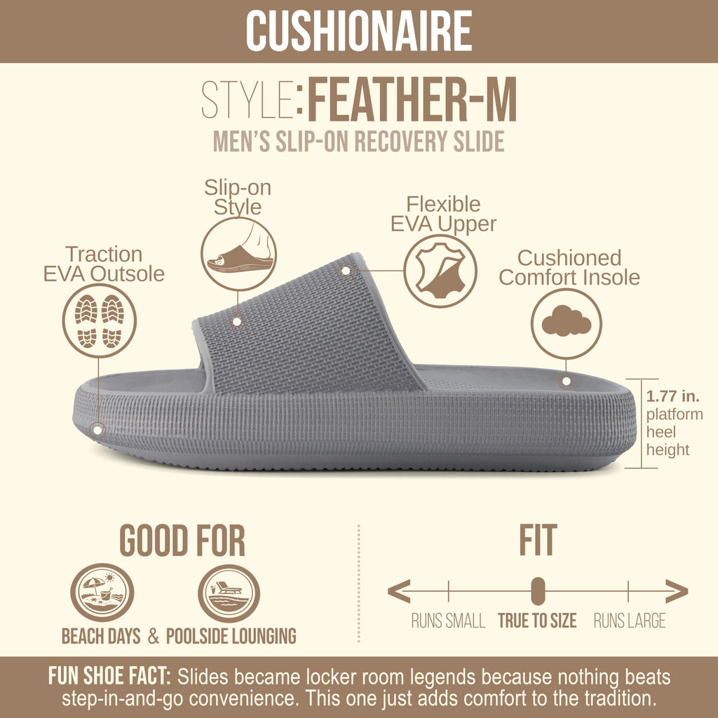 CUSHIONAIRE Feather EVA Mens Sandals – Slip On Recovery Slides, Lightweight Water Shoes for Men, GRAY 9