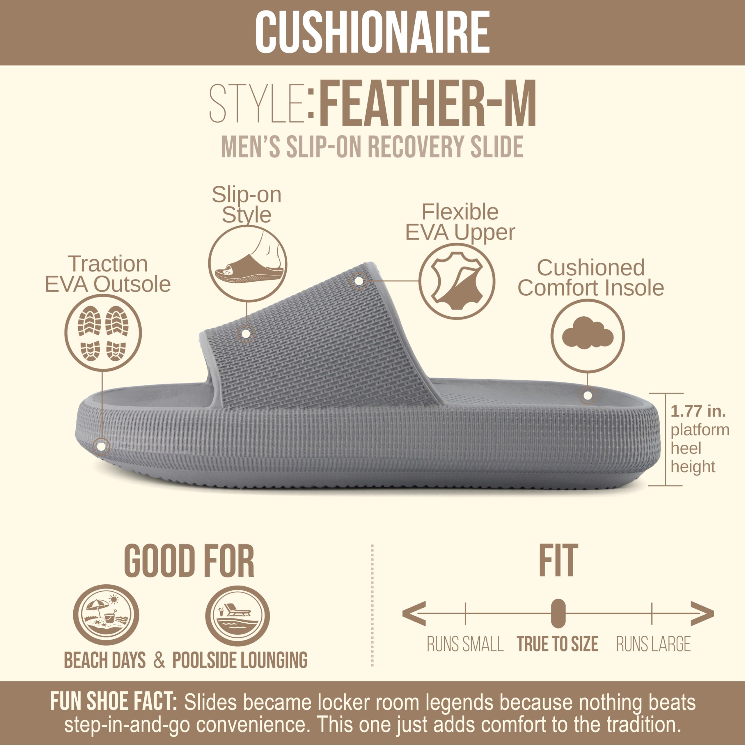 CUSHIONAIRE Feather EVA Mens Sandals – Slip On Recovery Slides, Lightweight Water Shoes for Men, GRAY 9