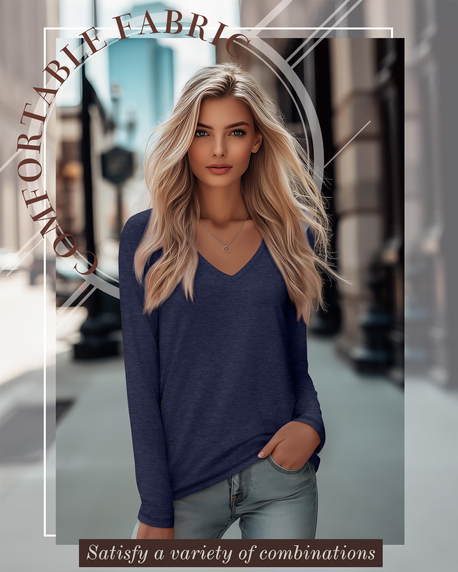Velvelhall 4 Pack Women's Long Sleeve V Neck Shirts, Casual Loose Fit Tees Basic Tunic Tops Trendy Fall T-Shirts Outfits(Black, Gray, Navy Blue, Wine Red,Small)