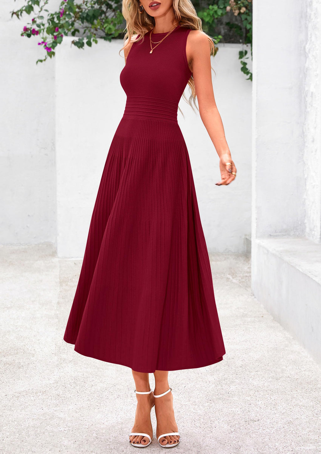 PRETTYGARDEN Spring Casual Dresses for Women 2026 Summer Business Work Midi Sleeveless A Line Pleated Cocktail Dress(Burgundy,X-Large)
